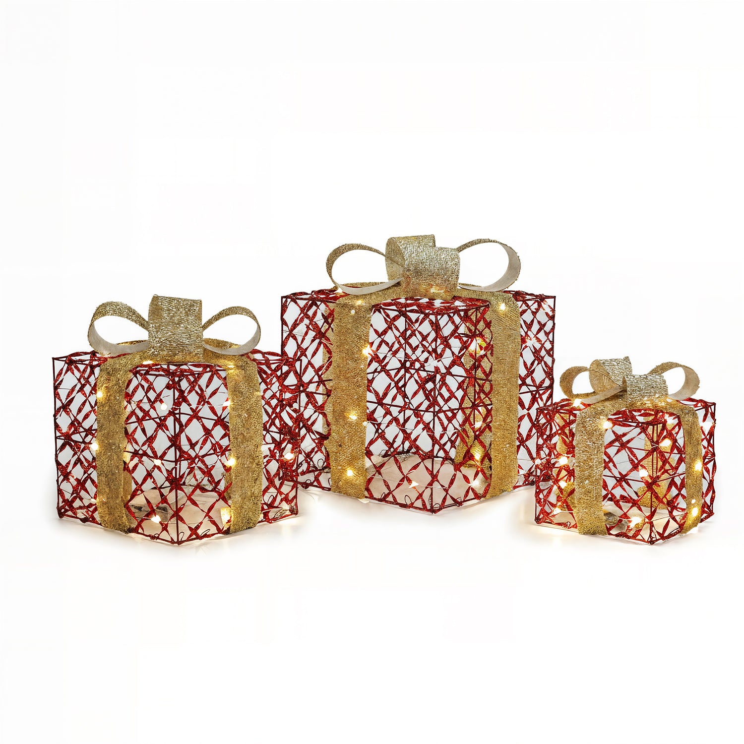 DICTROLUX - Set Pacchi Regalo Luminosi Rosso e Oro 90 LED Bianco Caldo