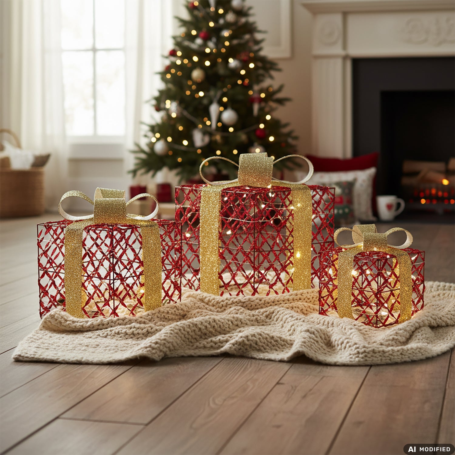 DICTROLUX - Set 3 Pacchi Regalo Natalizi Luminosi Rosso e Oro 90 LED Bianco Caldo