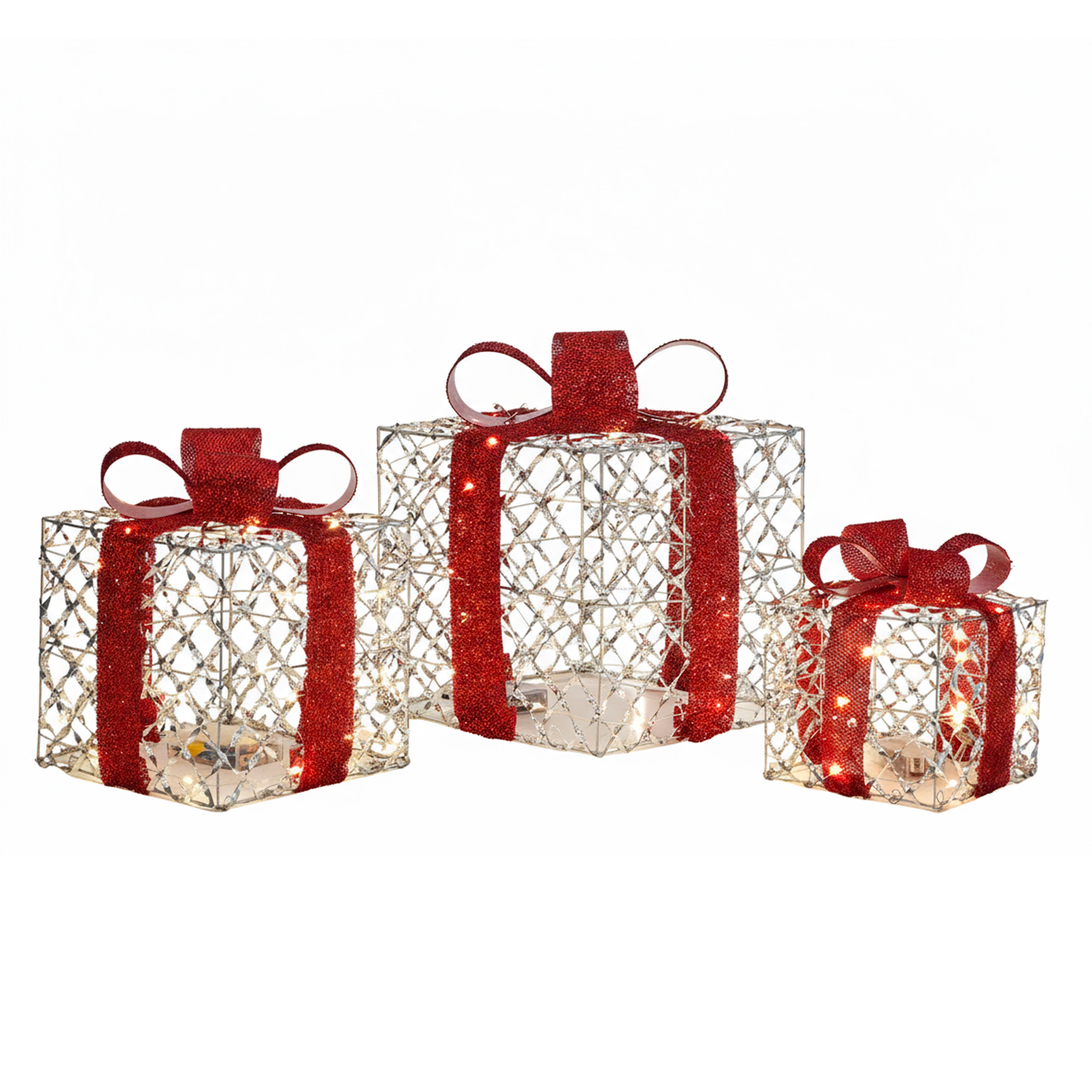 DICTROLUX - Set Pacchi Regalo Luminosi Rosso e Silver 90 LED Bianco Caldo