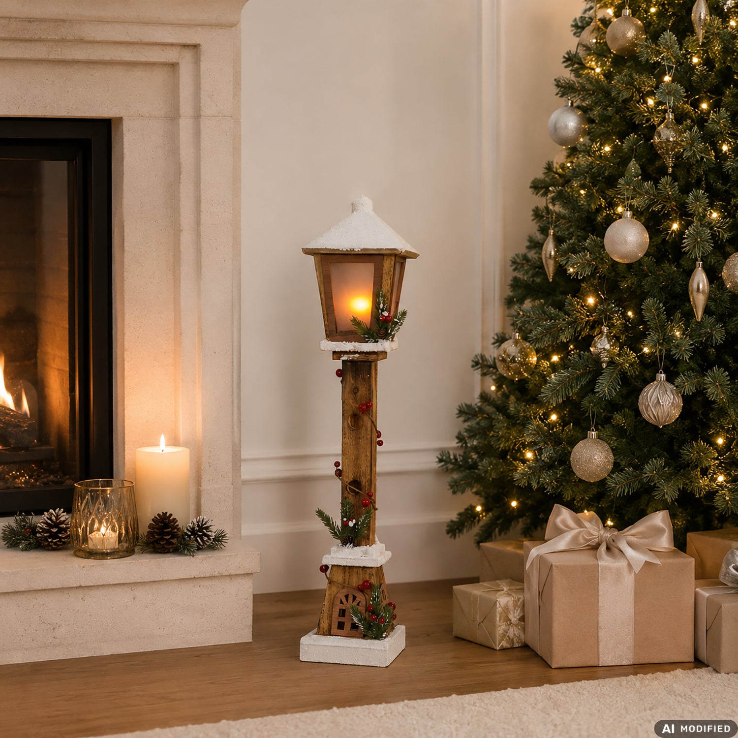 DICTROLUX - Lampione Natalizio Luminoso in Legno con 23 Micro LED Bianco Caldo a Batteria h60 cm