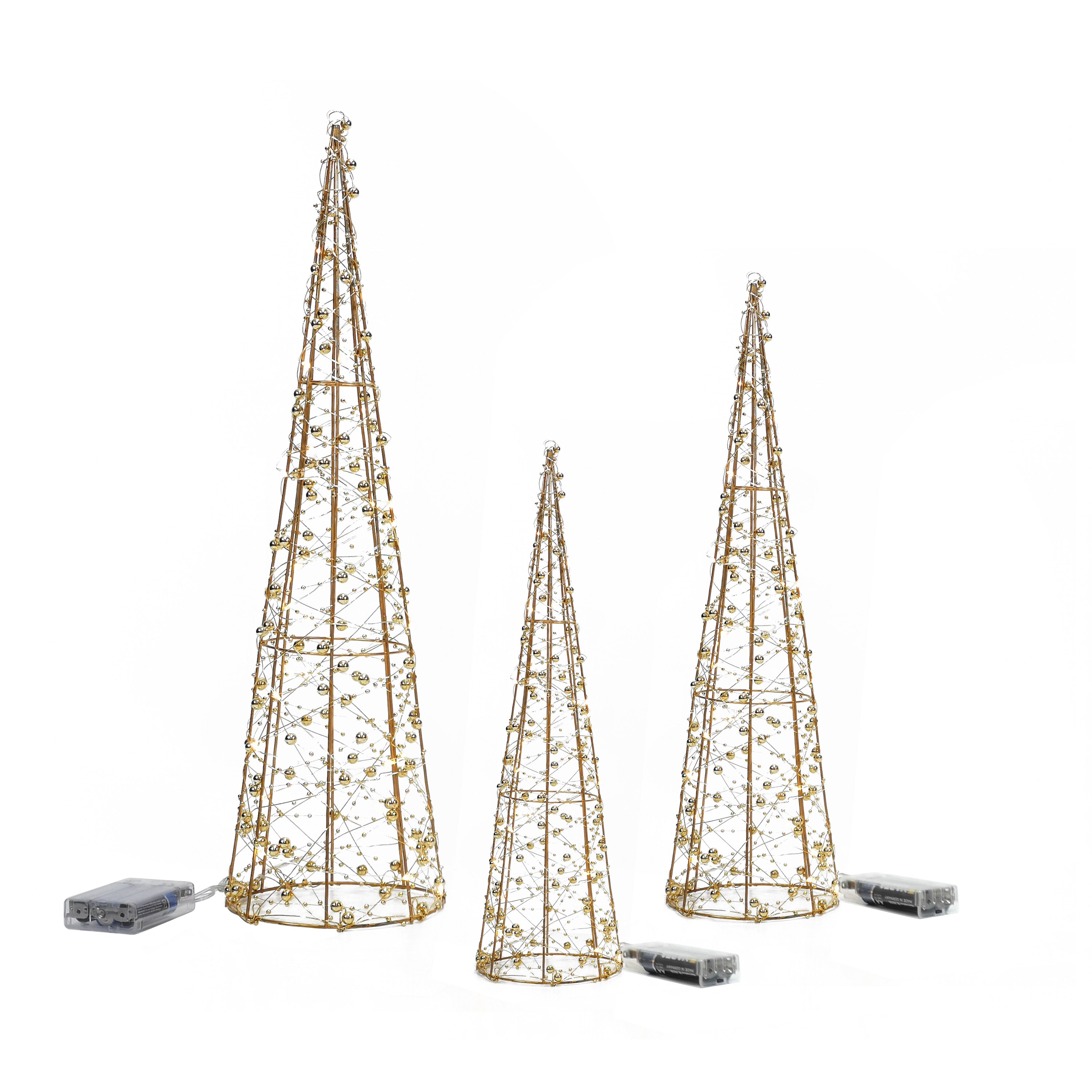 VESTIAMO CASA GRAN NATALE - Set 3 Alberi Cono Luminosi in Metallo Oro con 65 Micro LED Bianco Caldo a Batteria