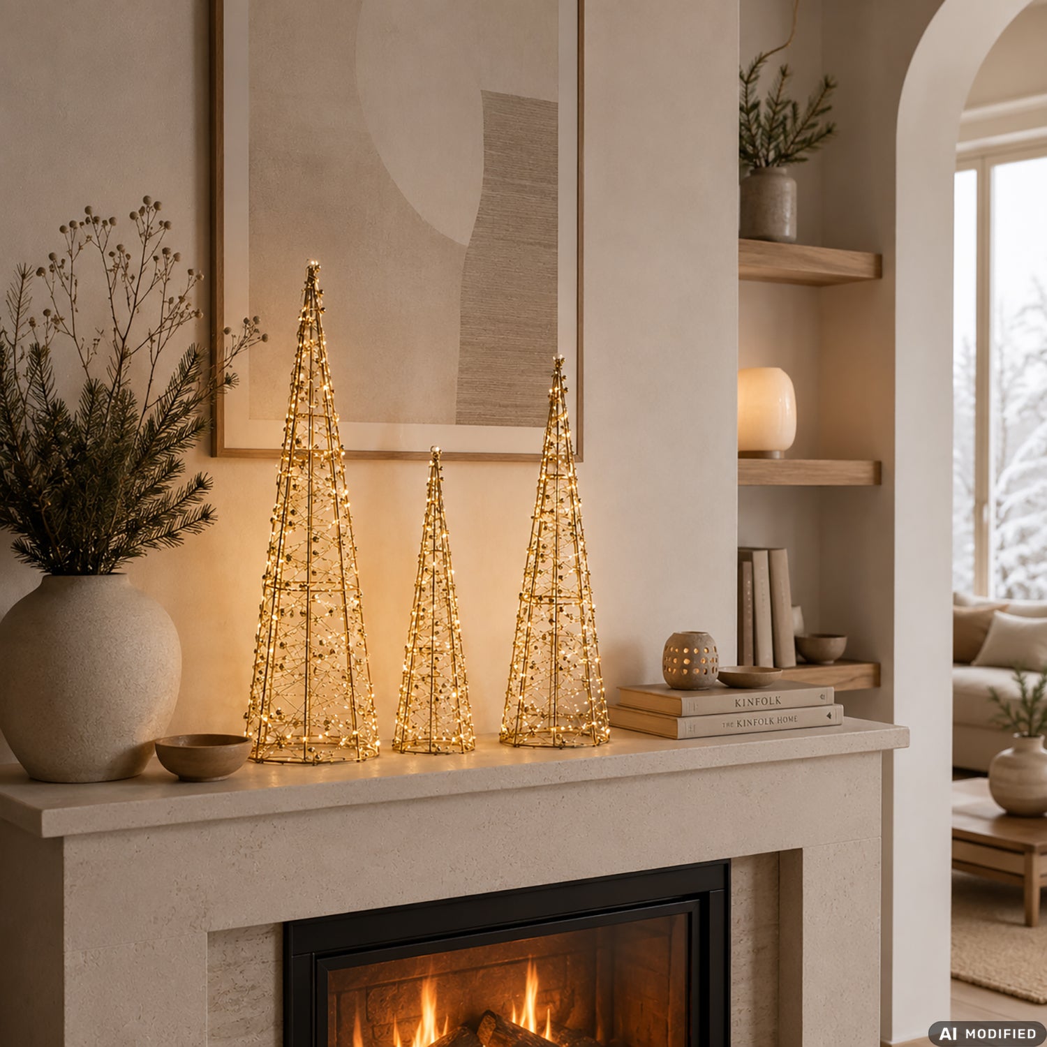 VESTIAMO CASA GRAN NATALE - Set 3 Alberi Cono Luminosi in Metallo Oro con 65 Micro LED Bianco Caldo a Batteria
