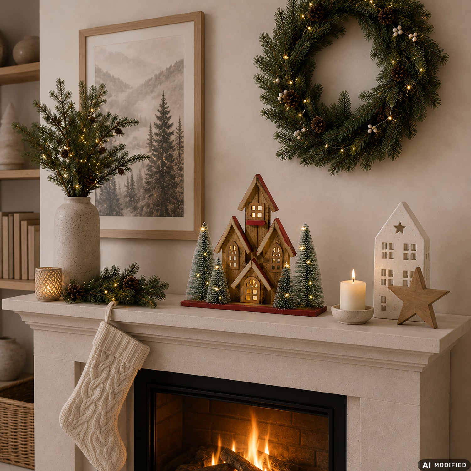 VESTIAMO CASA GRAN NATALE - Casetta Natalizia Luminosa in Legno con 20 Micro LED Bianco Caldo a Batteria h30 cm