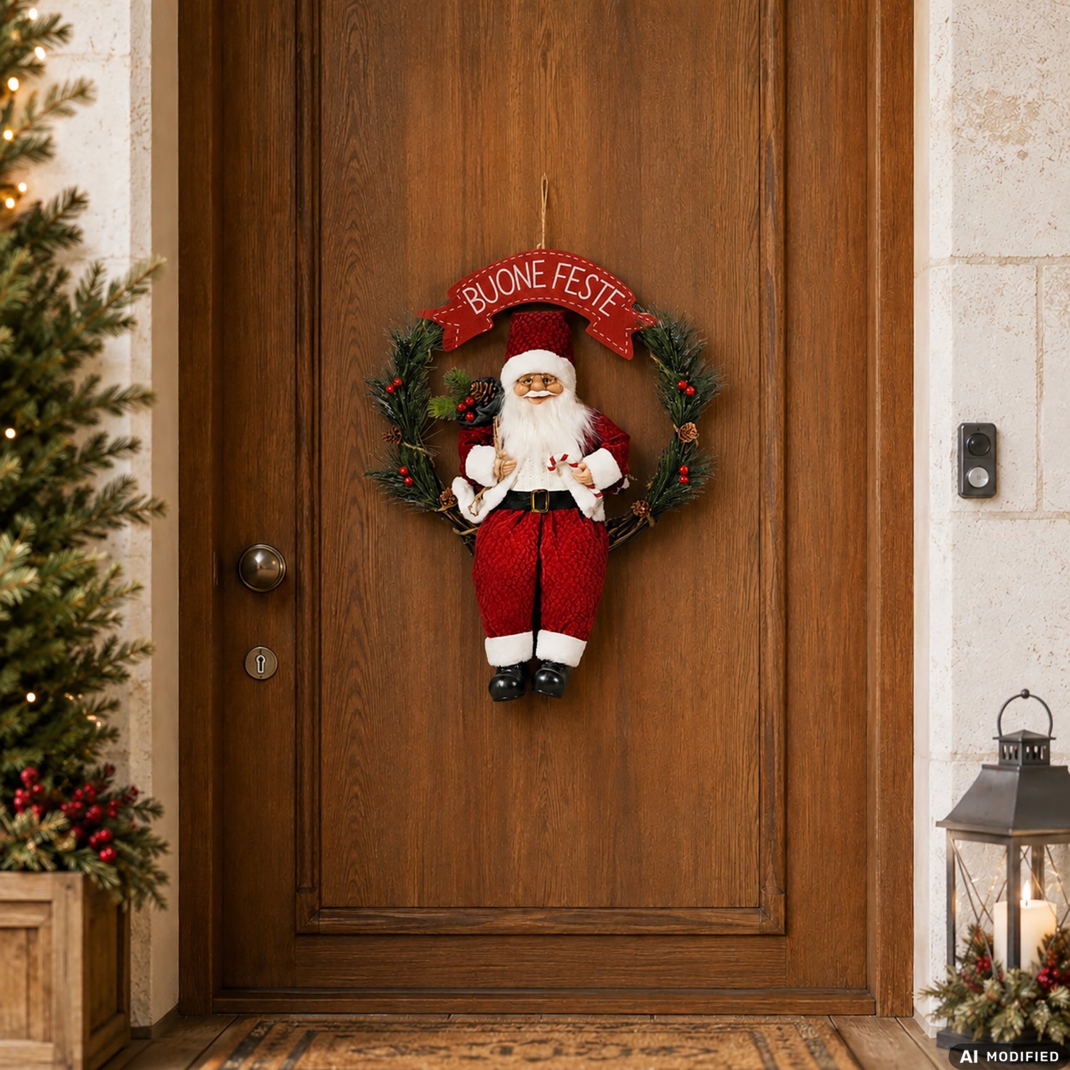 VESTIAMO CASA GRAN NATALE - Ghirlanda Natalizia con Babbo Natale e Scritta Buone Feste diametro 41 cm