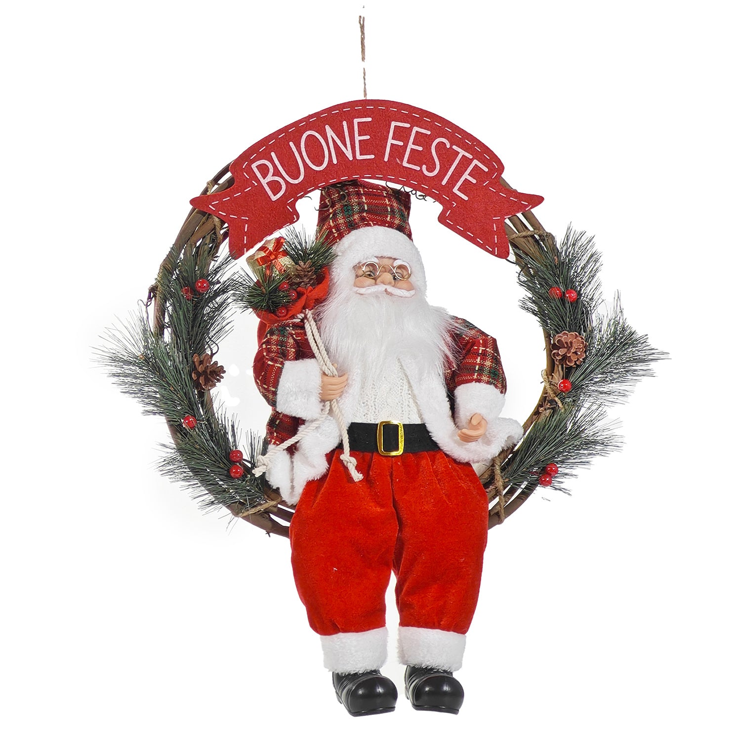 VESTIAMO CASA GRAN NATALE - Ghirlanda Natalizia con Babbo Natale e Scritta Buone Feste diametro 41 cm