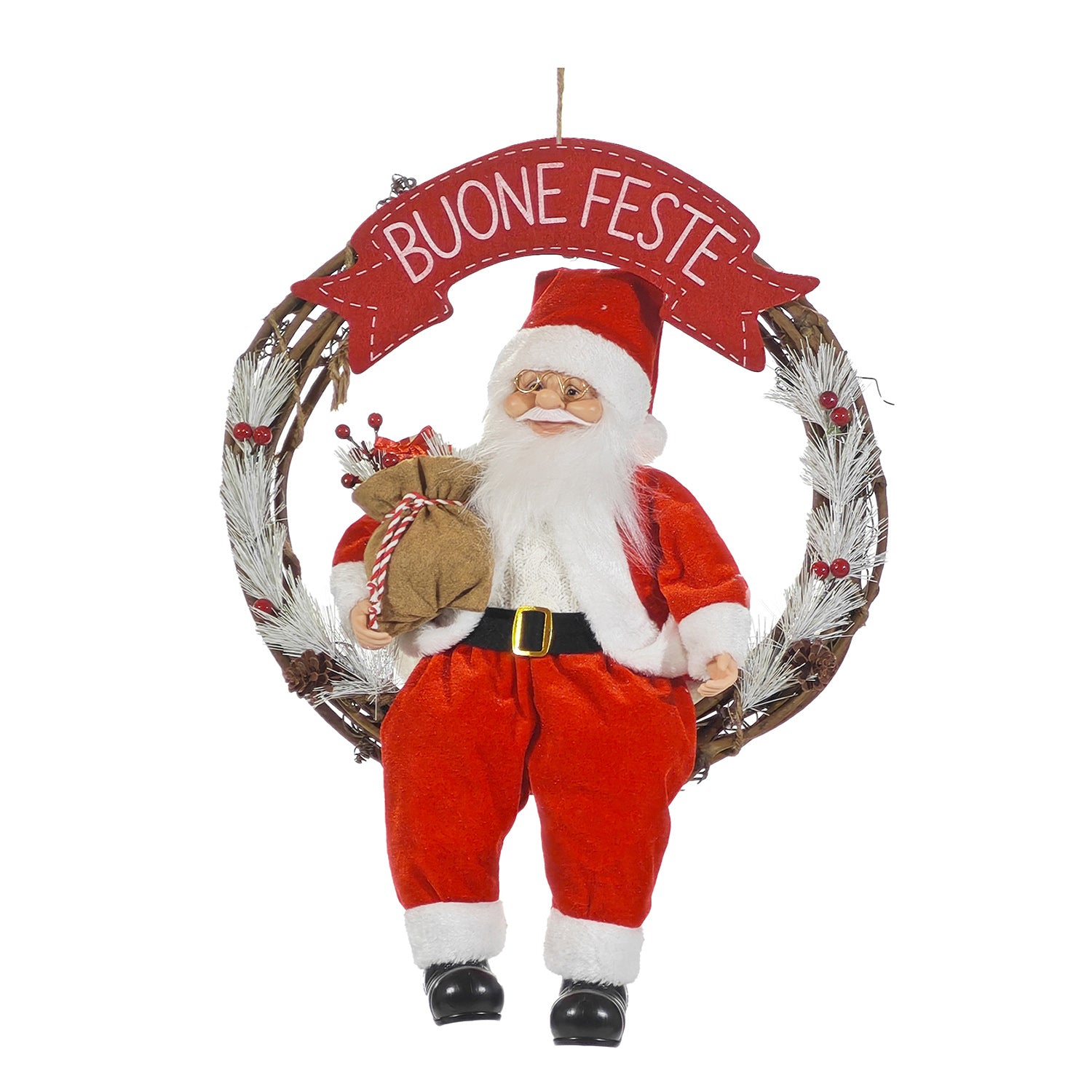 VESTIAMO CASA GRAN NATALE - Ghirlanda Natalizia con Babbo Natale e Scritta Buone Feste diametro 41 cm
