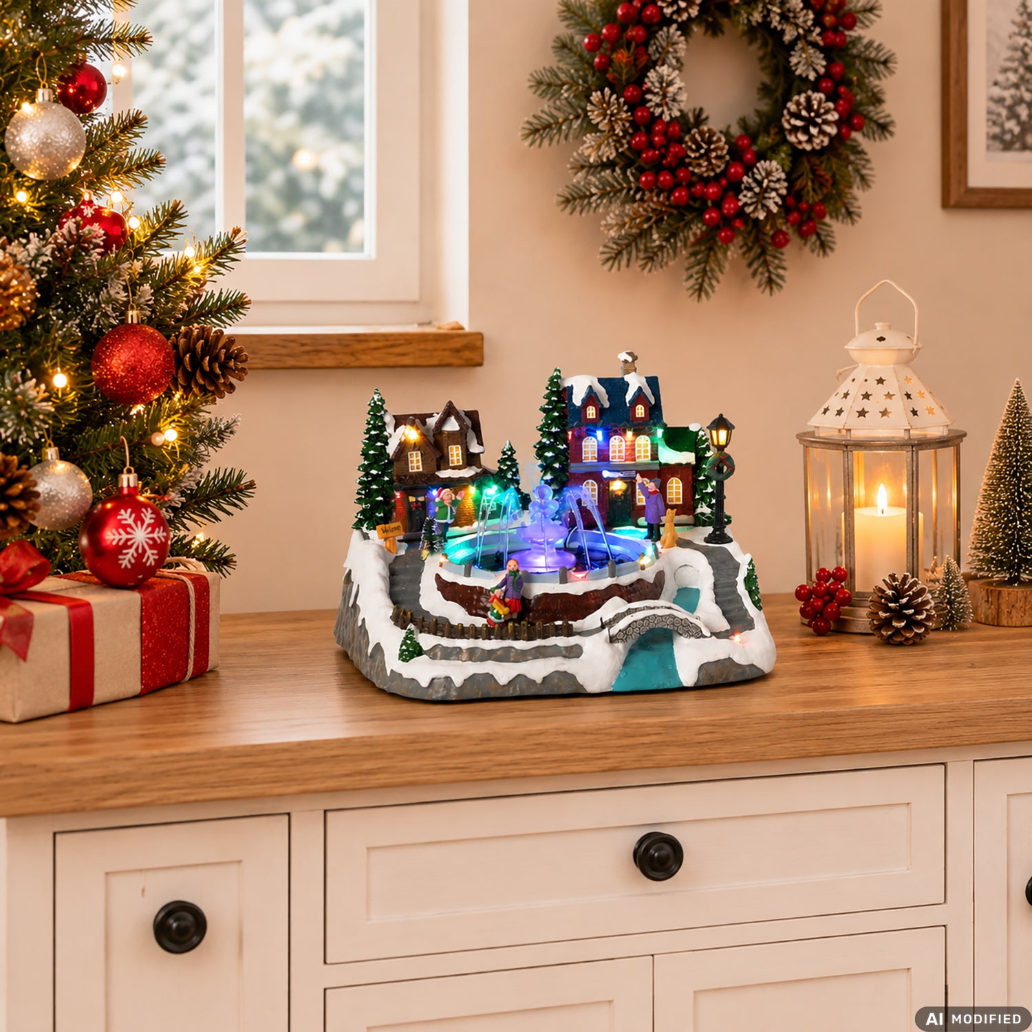 VESTIAMO CASA GRAN NATALE - Villaggio Natalizio Luminoso con Fontana ad Acqua in Movimento, Musica e LED Multicolor h18,5 cm