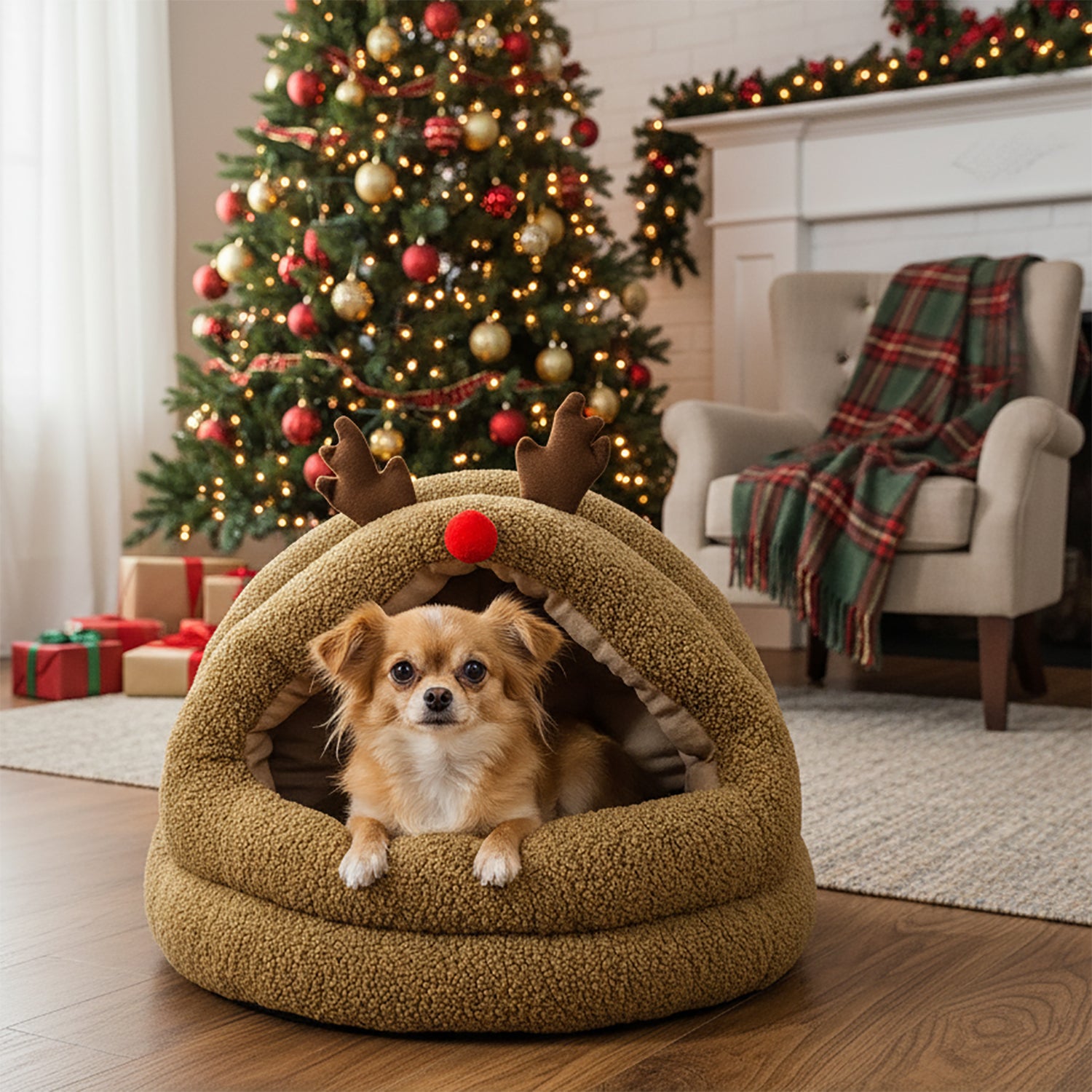 VESTIAMO CASA GRAN NATALE - Cuccia Natalizia Morbida per Cani e Gatti - h30x40x44 cm