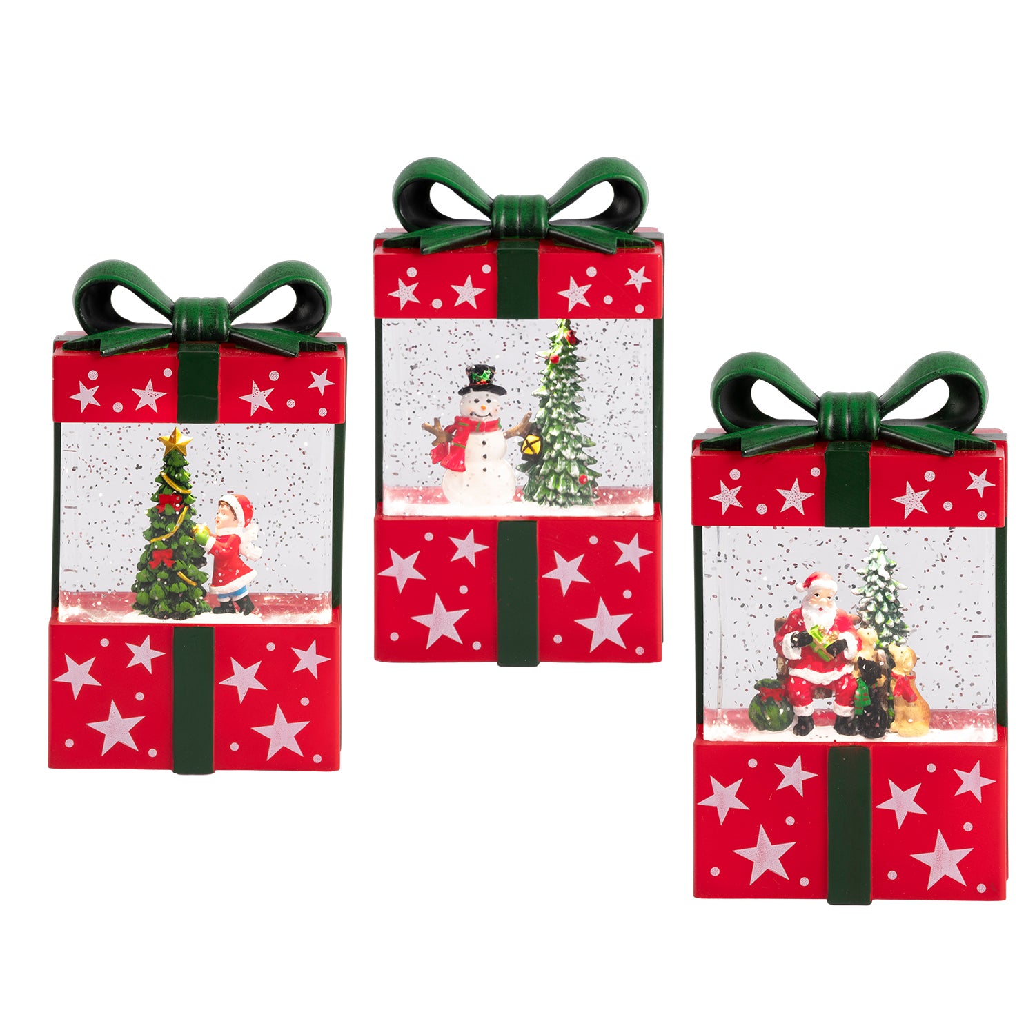 VESTIAMO CASA GRAN NATALE - Pacco Regalo Natalizio LED con Effetto Neve e Musica a Batterie h19 cm