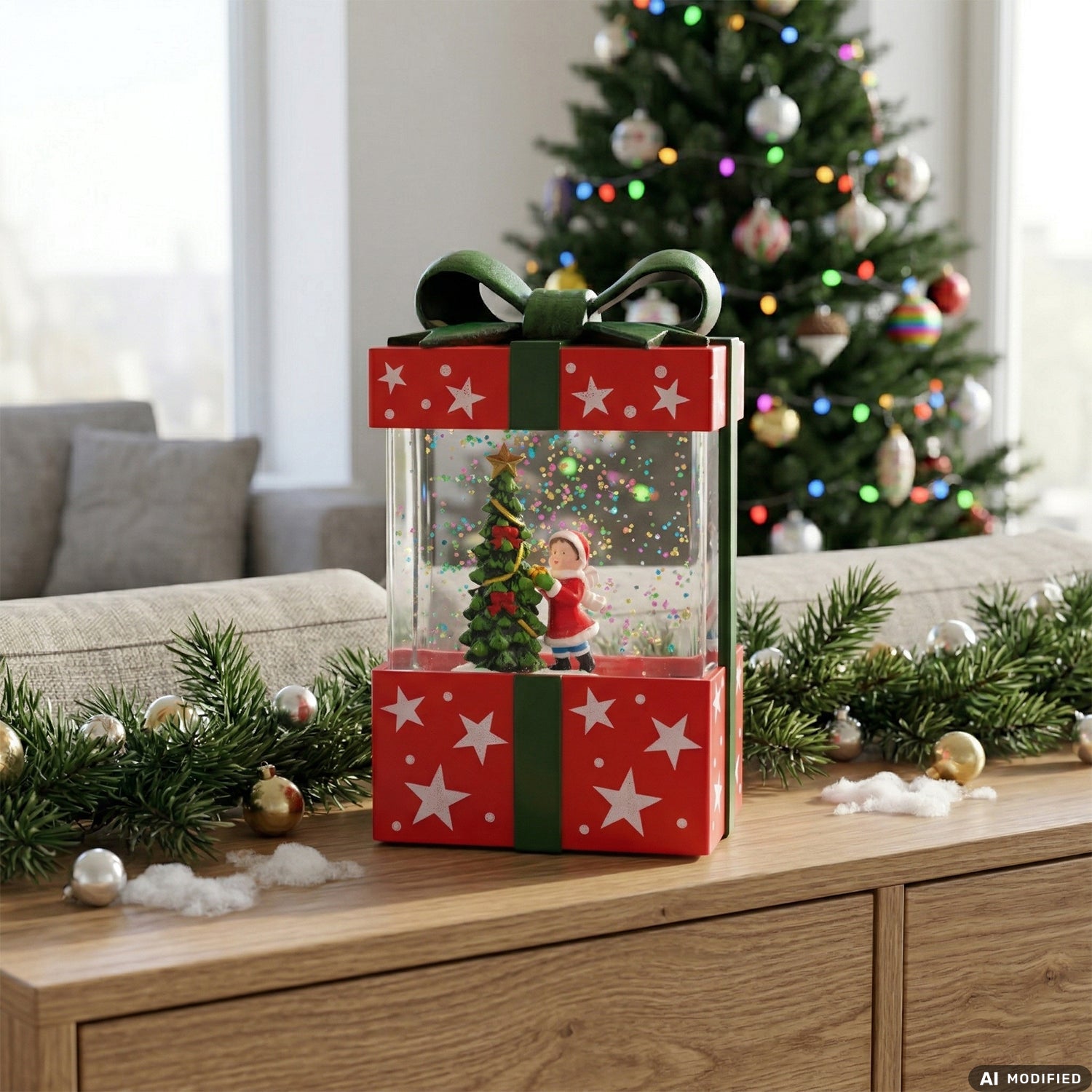 VESTIAMO CASA GRAN NATALE - Pacco Regalo Natalizio LED con Effetto Neve e Musica a Batterie h19 cm
