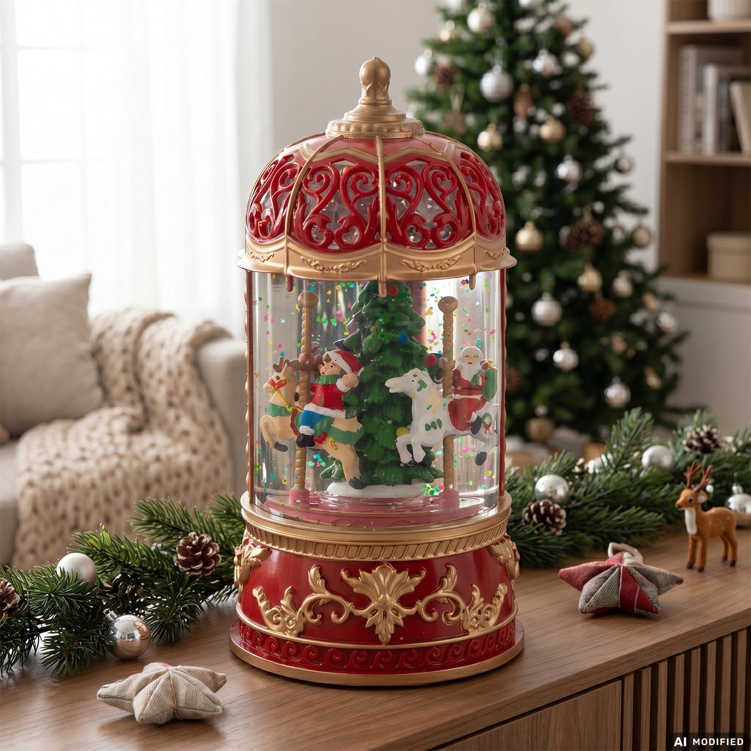 VESTIAMO CASA GRAN NATALE - Giostrina Natalizia LED con Effetto Neve, Movimento e Musica a Batterie h22,5 cm