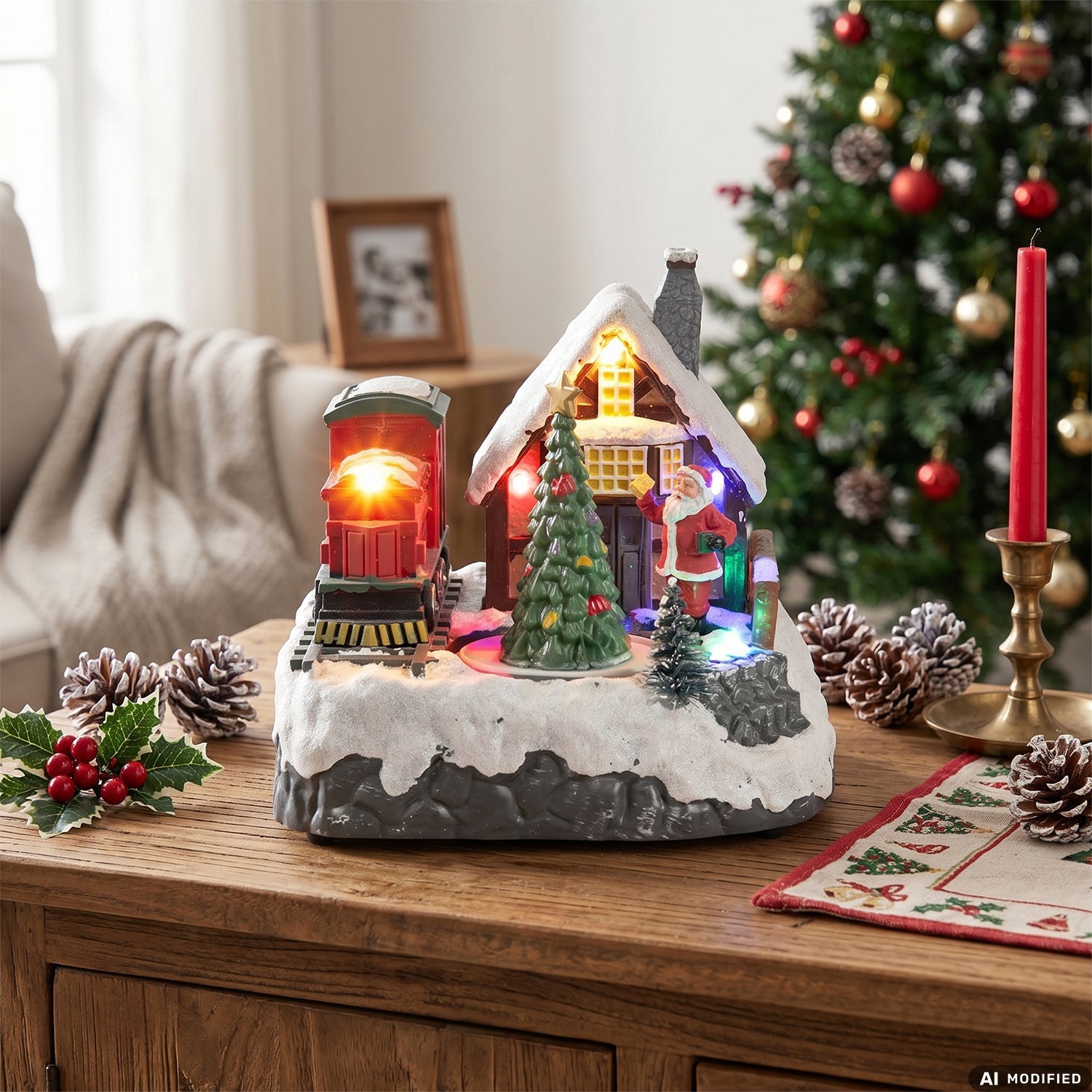 VESTIAMO CASA GRAN NATALE - Casetta Natalizia con Movimento, LED Multicolor e Musica a Batterie h14 cm