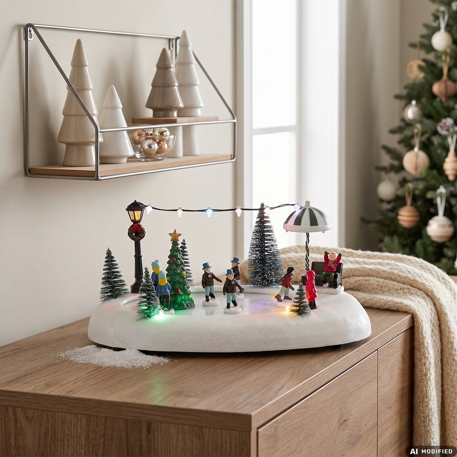 VESTIAMO CASA GRAN NATALE - Pista da Ghiaccio Natalizia con Movimento, LED Multicolor e Musica a Batterie - h12,5x27x18 cm