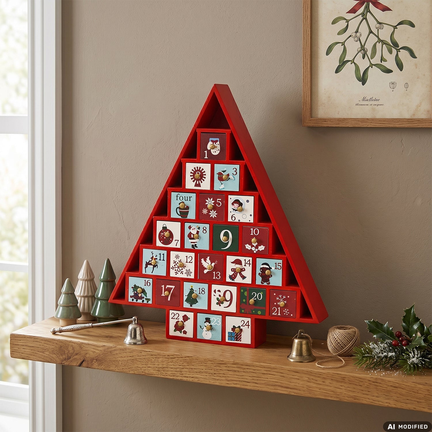 VESTIAMO CASA GRAN NATALE - Calendario dell’Avvento Natalizio in Legno MDF a Forma di Albero - h38x33x7 cm