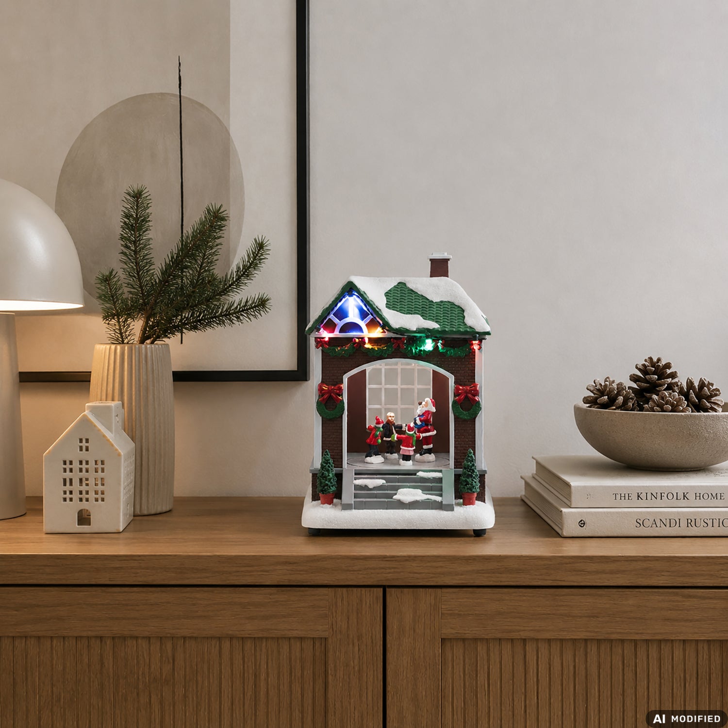 VESTIAMO CASA GRAN NATALE - Villaggio Natalizio Luminoso Musicale con Movimento e 11 LED Multicolor a Batterie h20,5 cm