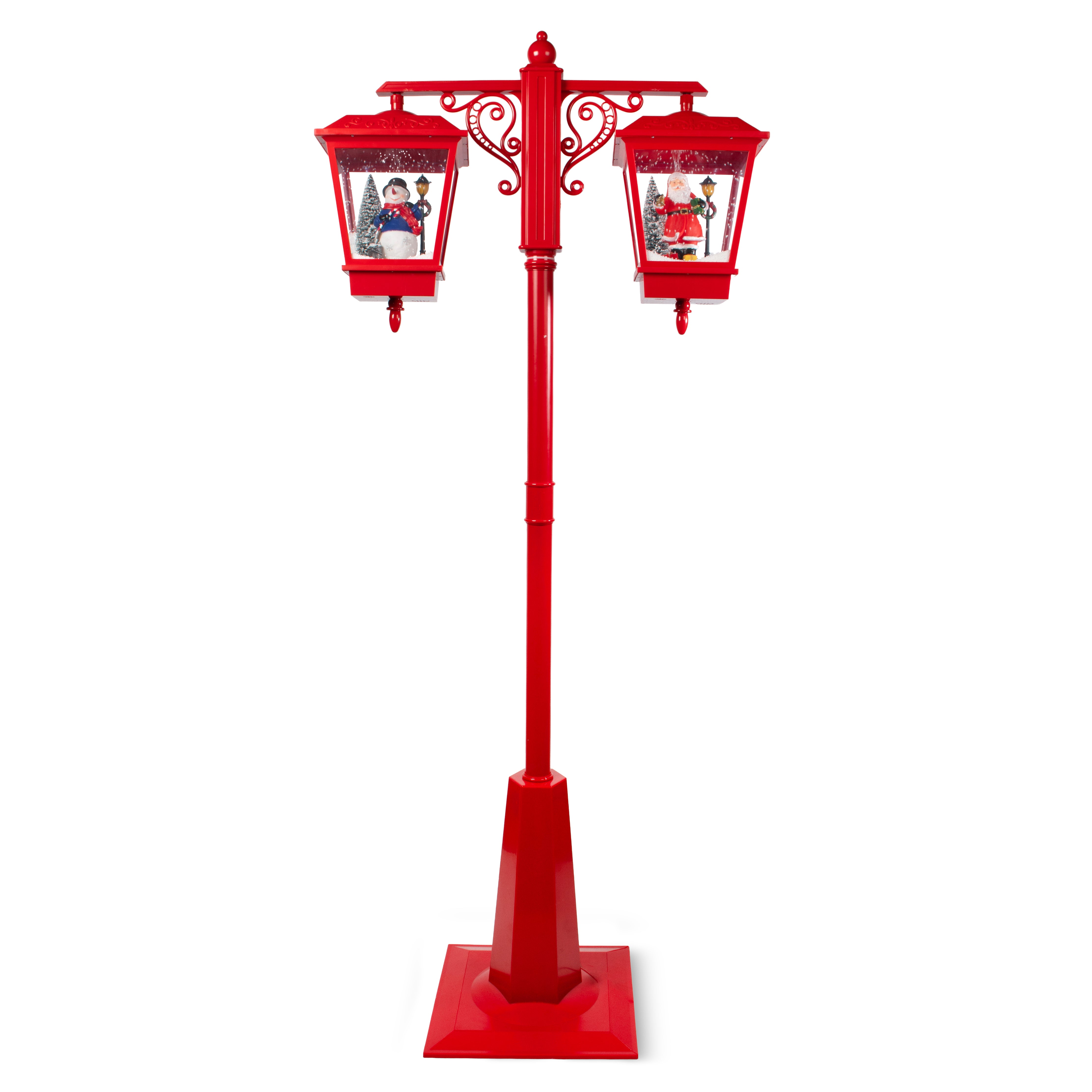 VESTIAMO CASA GRAN NATALE - Lampione Natalizio Doppio Rosso con Babbo Natale e Pupazzo di Neve Effetto Neve e Luci LED - h188x79x40,5 cm