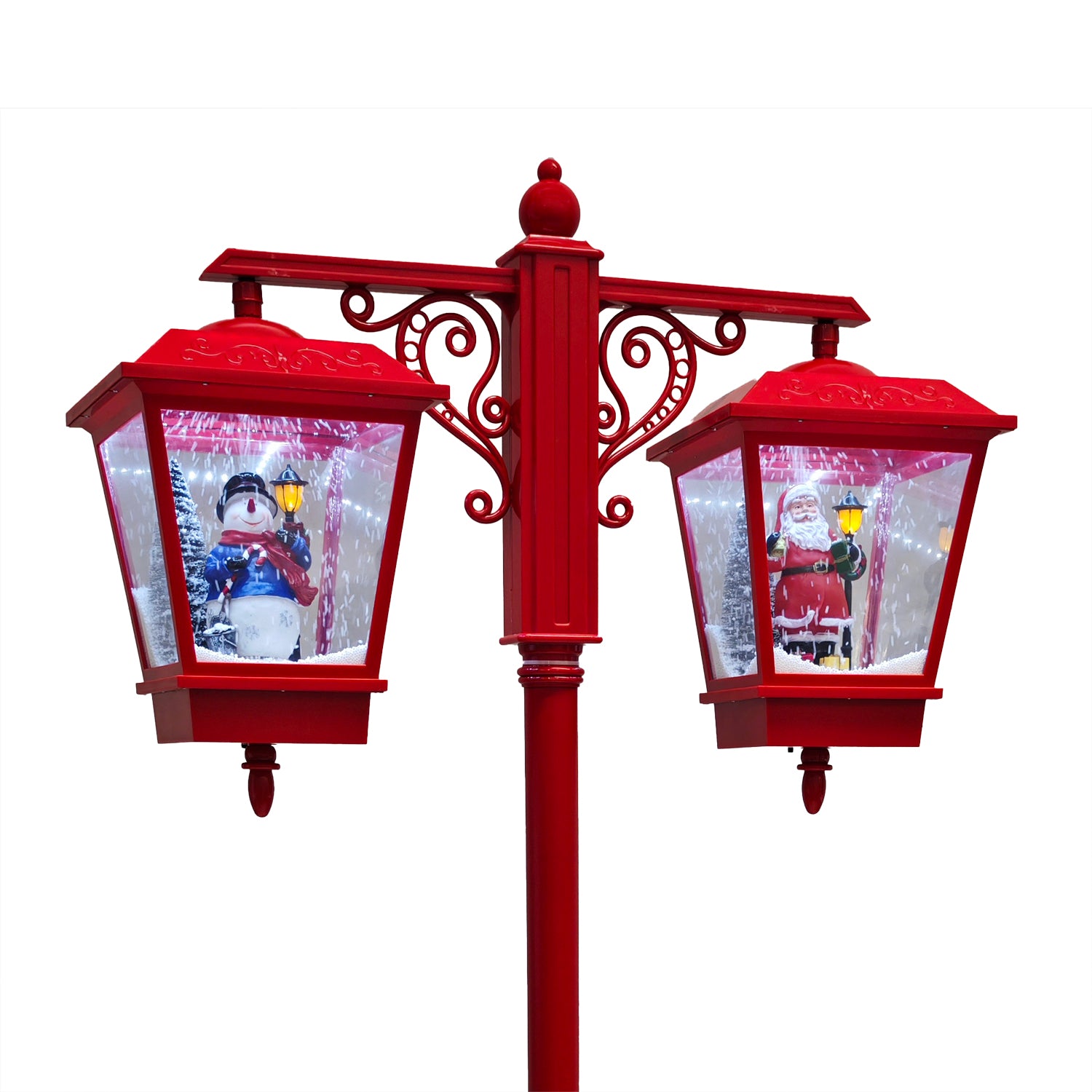 VESTIAMO CASA GRAN NATALE - Lampione Natalizio Doppio Rosso con Babbo Natale e Pupazzo di Neve Effetto Neve e Luci LED - h188x79x40,5 cm