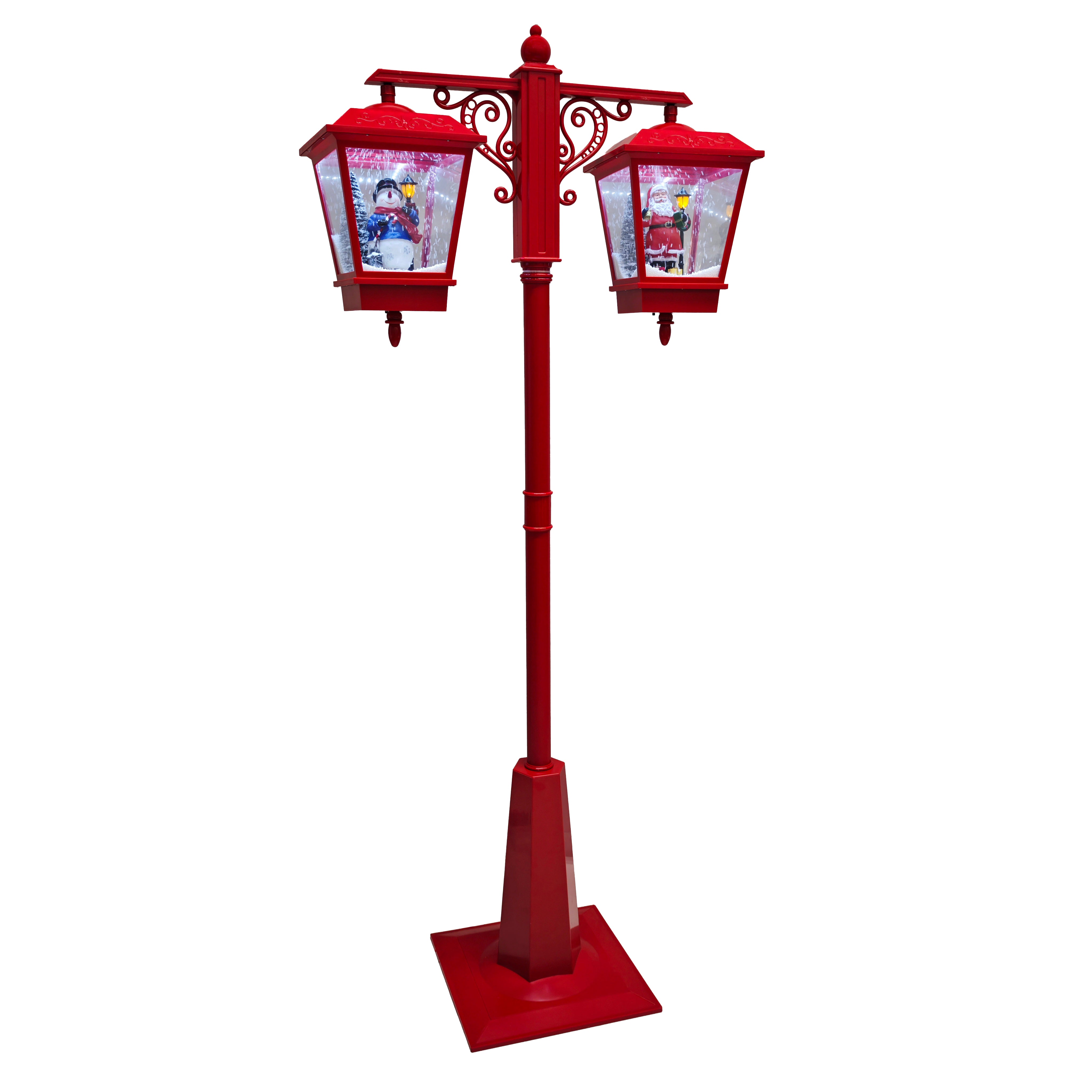VESTIAMO CASA GRAN NATALE - Lampione Natalizio Doppio Rosso con Babbo Natale e Pupazzo di Neve Effetto Neve e Luci LED - h188x79x40,5 cm