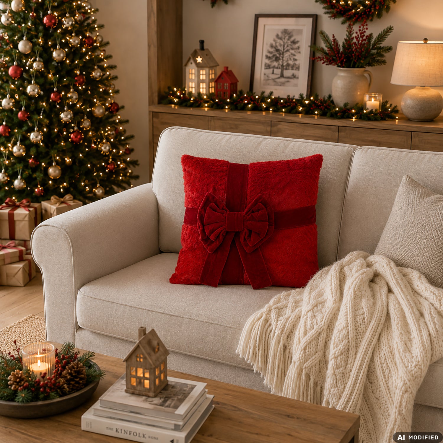 VESTIAMO CASA GRAN NATALE - Cuscino Natalizio con Fiocco sfoderabile 42x42 cm