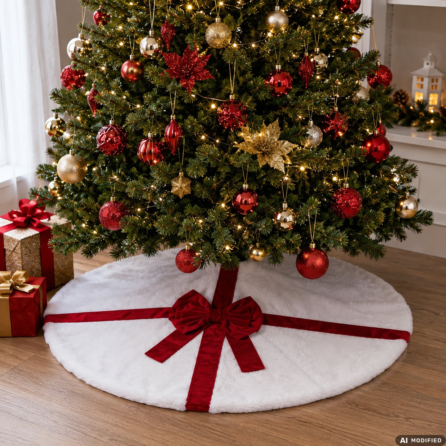 VESTIAMO CASA GRAN NATALE - Copribase Albero di Natale in Morbido Poliestere con Fiocco Decorativo Rosso diametro 120 cm
