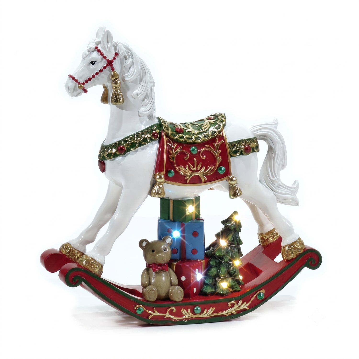 VESTIAMO CASA GRAN NATALE - Cavallo a Dondolo Natalizio Luminoso in Poliresina con LED Multicolor h25,5 cm