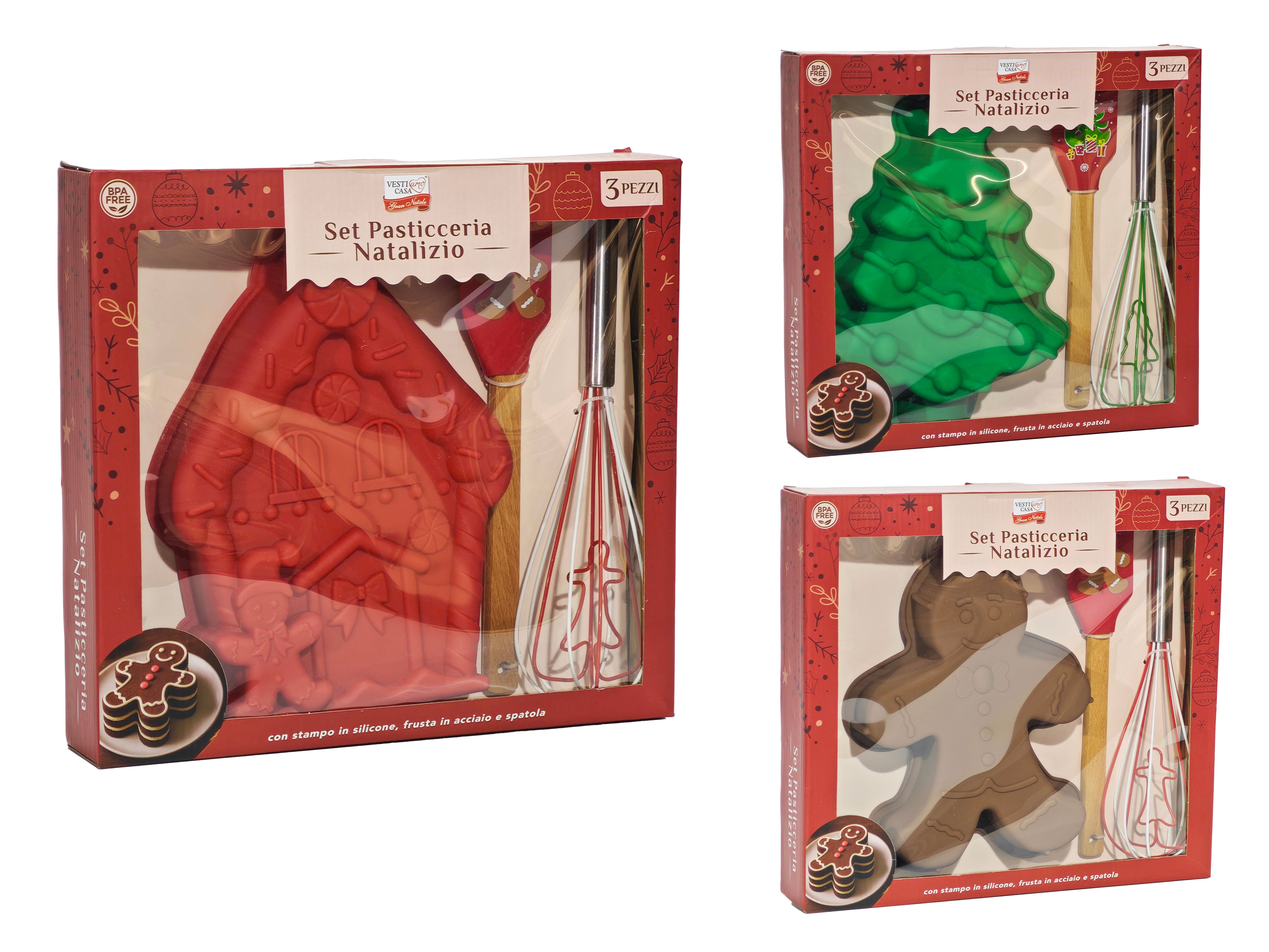 VESTIAMO CASA GRAN NATALE - Set Pasticceria Natalizio 3 Pezzi - Con stampino in silicone, frusta in acciaio e spatola