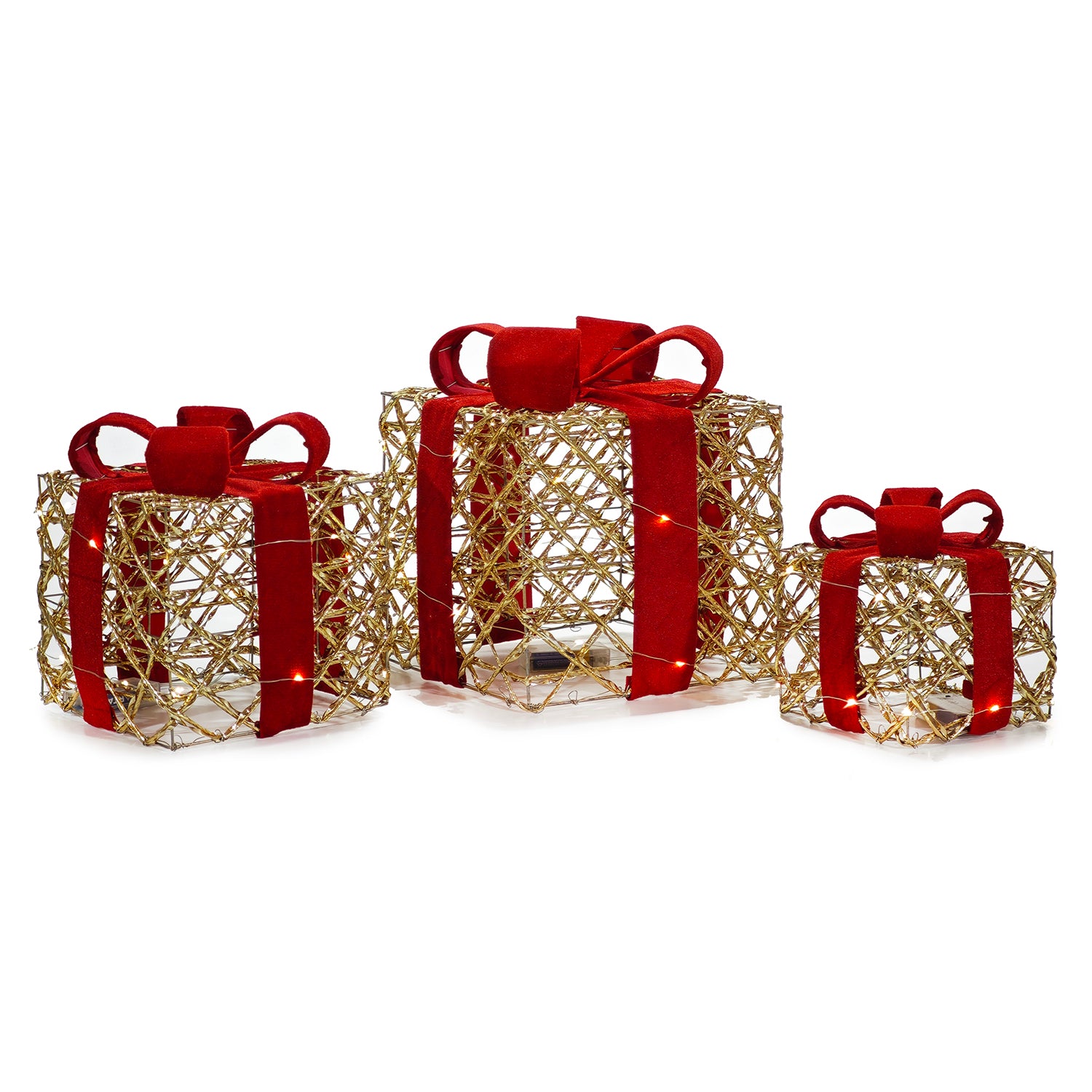 DICTROLUX - Set Pacchi Regalo Luminosi Rosso e Oro 60 LED Bianco Caldo