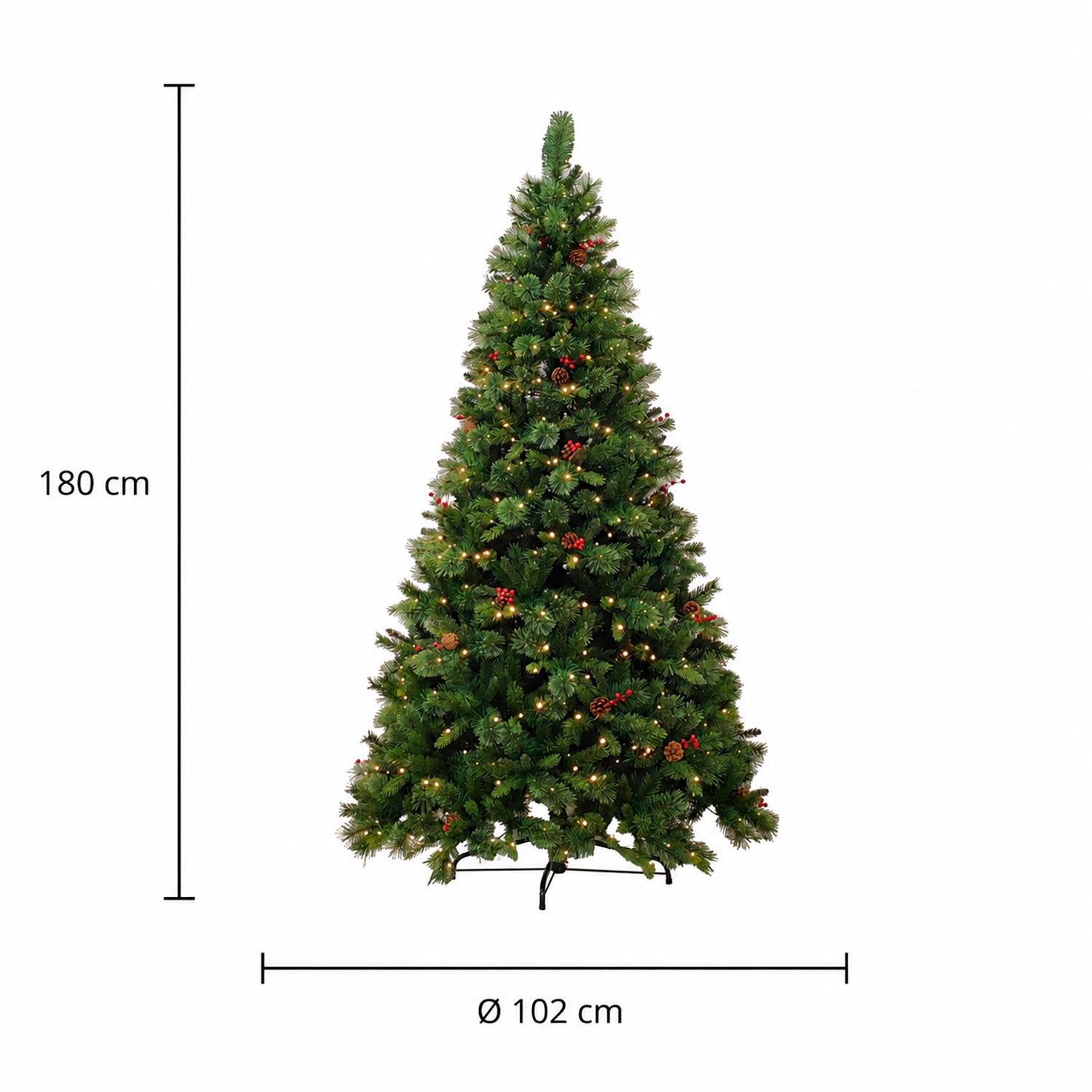 DICTROLUX - Albero di Natale Luminoso Sirino 350 Led Bianco Caldo con Pigne e Bacche - h180 cm diametro alla base 102 cm
