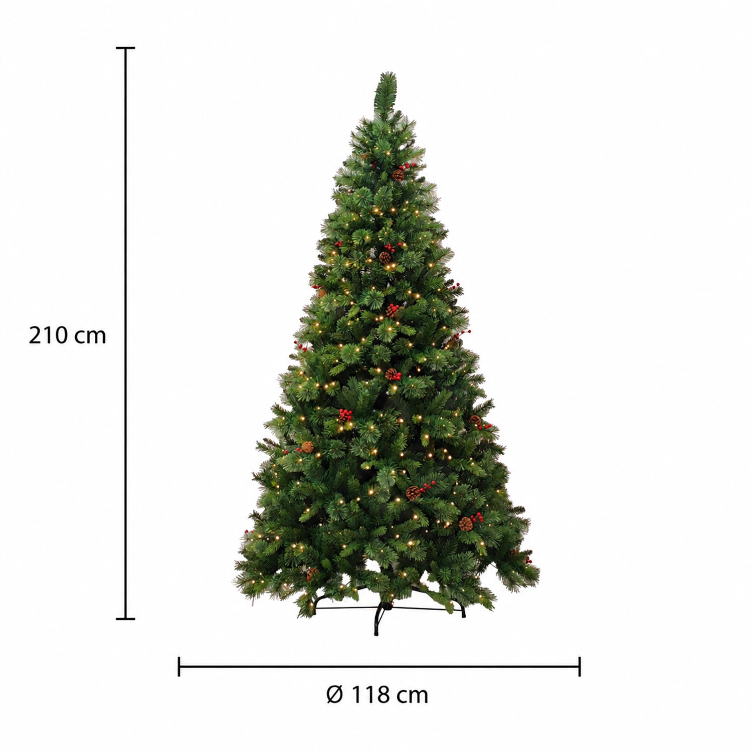 DICTROLUX - Albero di Natale Luminoso Sirino 500 Led Bianco Caldo con Pigne e Bacche - h210 cm diametro alla base 118 cm