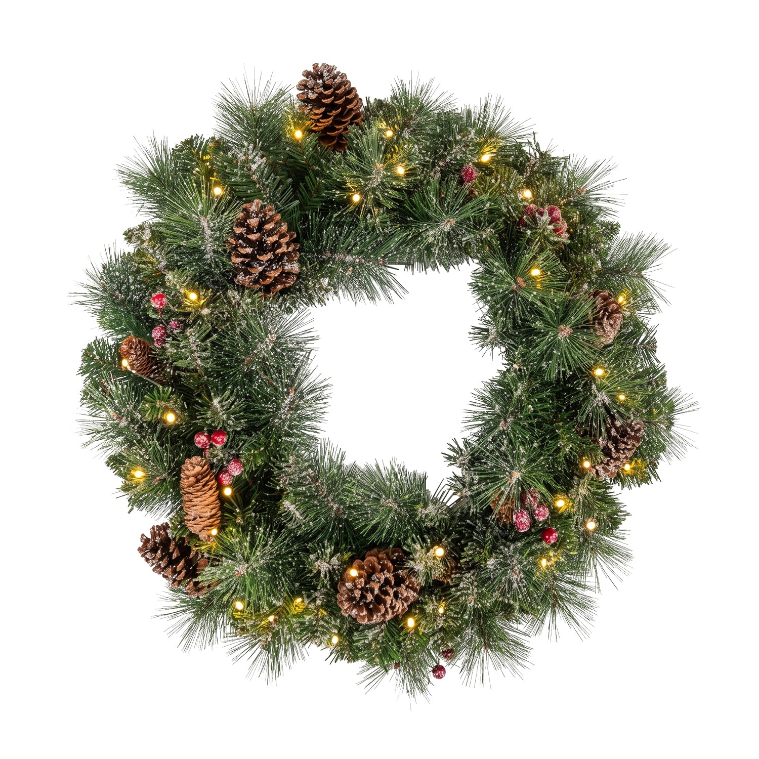 DICTROLUX - Ghirlanda Natalizia 35 LED Bianco Caldo con Pigne e Bacche a Batteria diametro 60 cm
