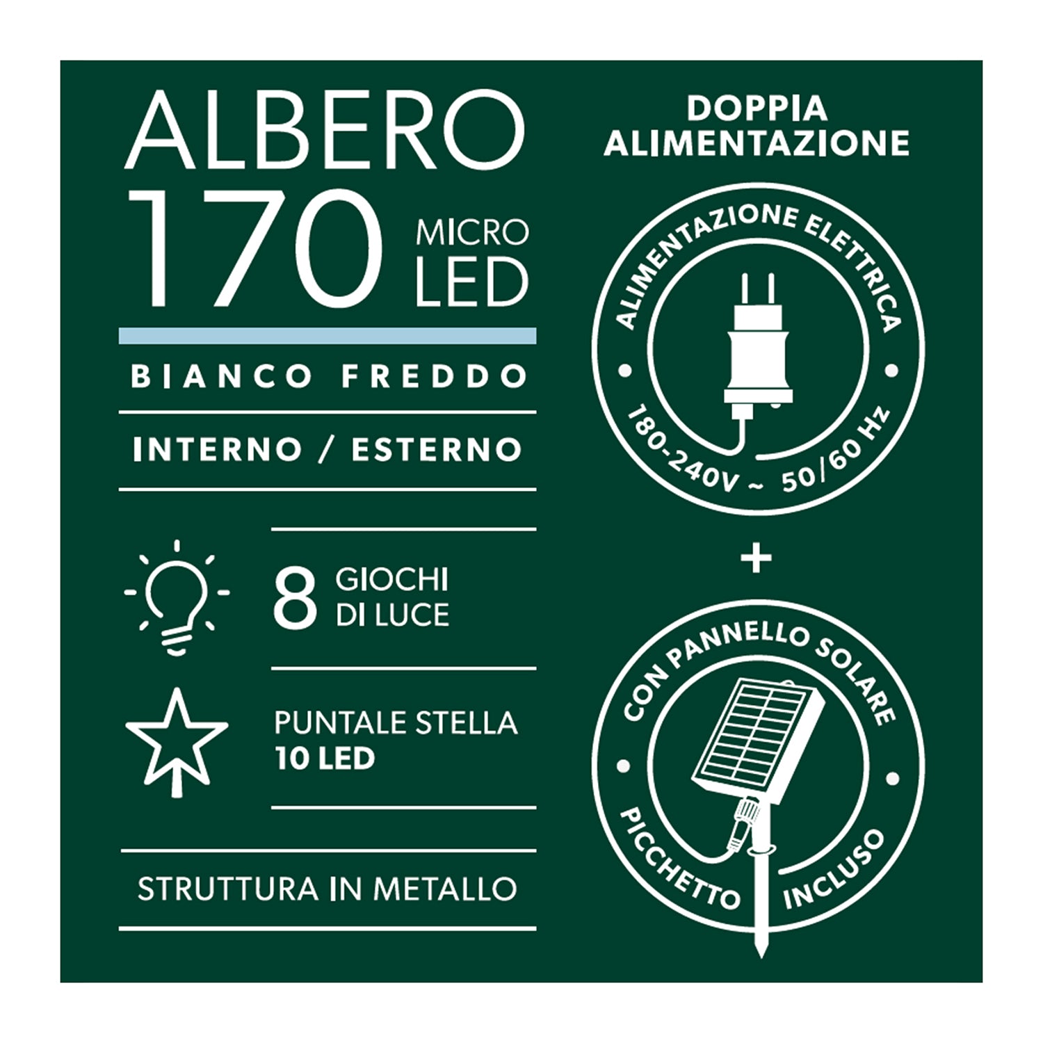 DICTROLUX - Albero di Natale Luminoso Solare 170 Micro LED Bianco Freddo con Pannello Solare ed Alimentazione Elettrica - h150 cm diametro 50 cm