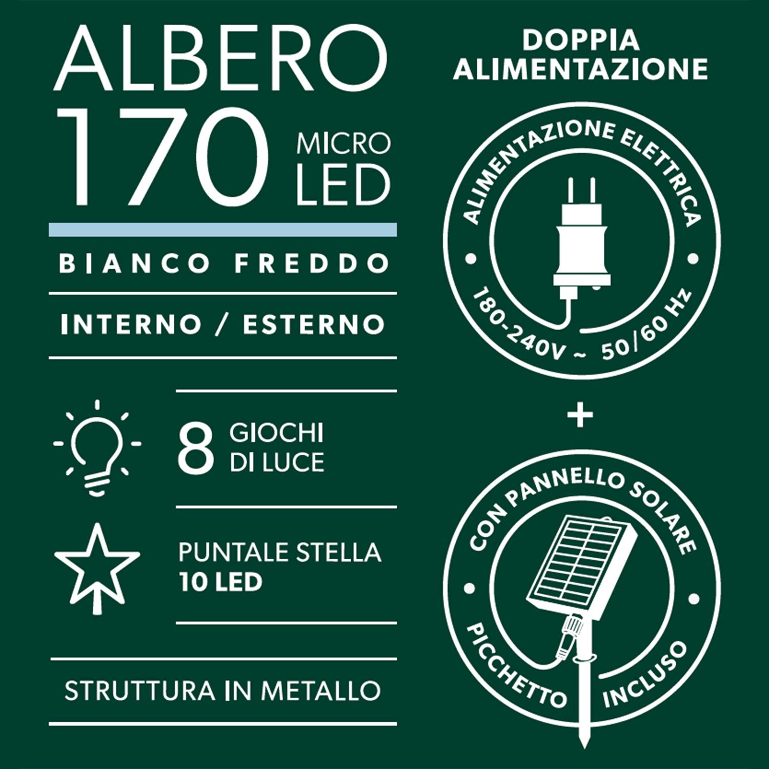 DICTROLUX - Albero di Natale Luminoso con Pannello Solare 170 microled Bianco Freddo - h150 cm diametro 50 cm