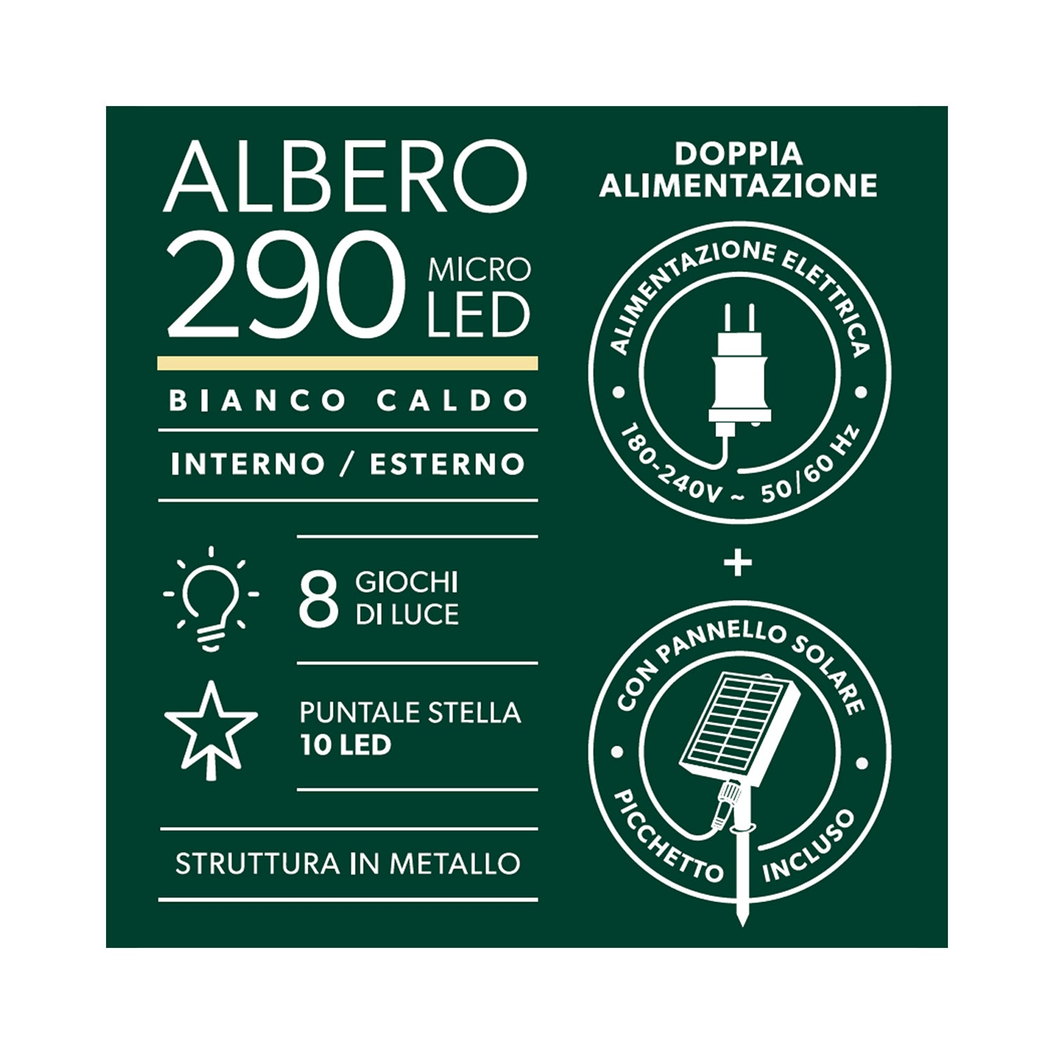 DICTROLUX - Albero di Natale Luminoso Solare 290 Micro LED Bianco Caldo con Pannello Solare ed Alimentazione Elettrica - h240 cm diametro 70 cm