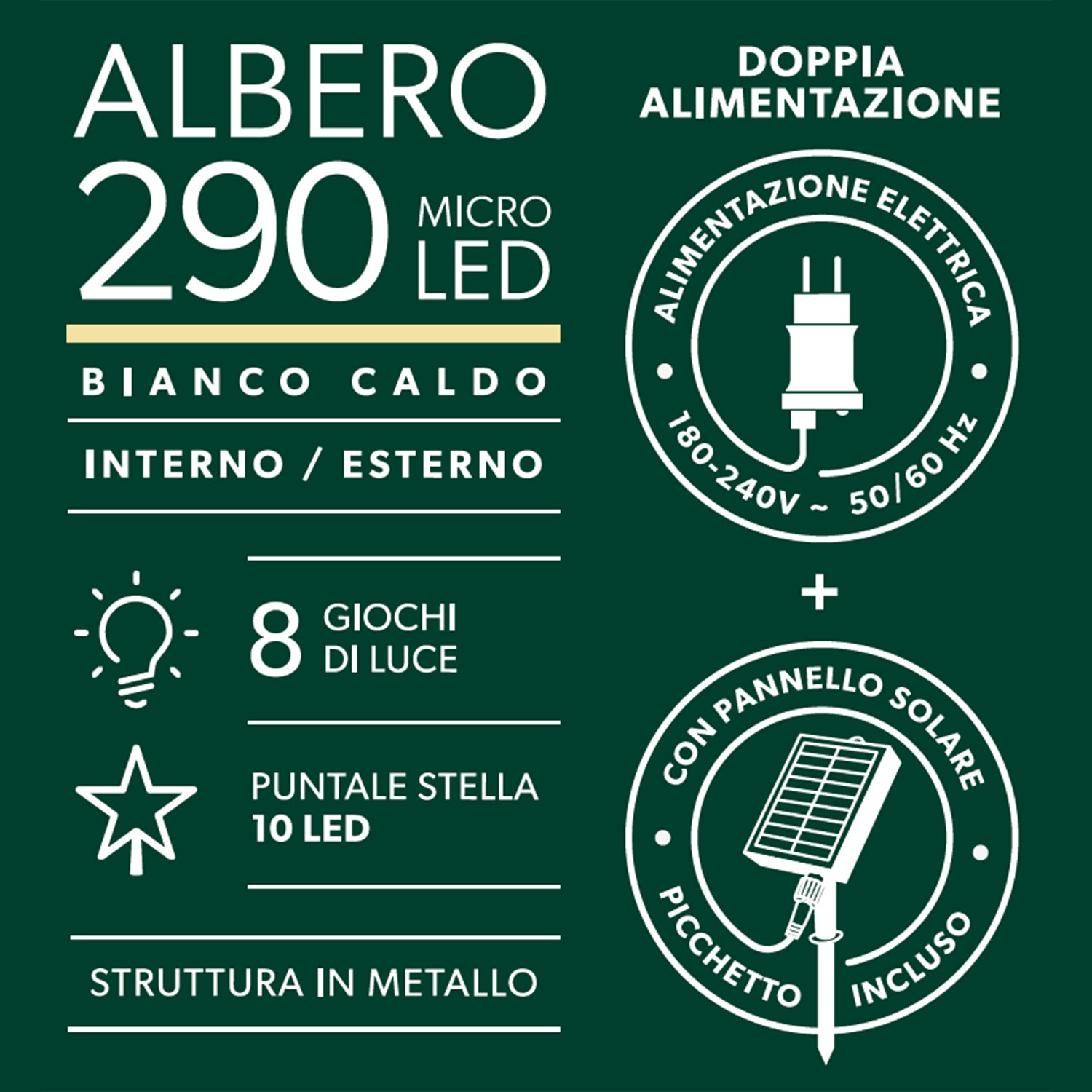 DICTROLUX - Albero di Natale Luminoso con Pannello Solare 290 microled Bianco Caldo - h240 cm diametro 70 cm