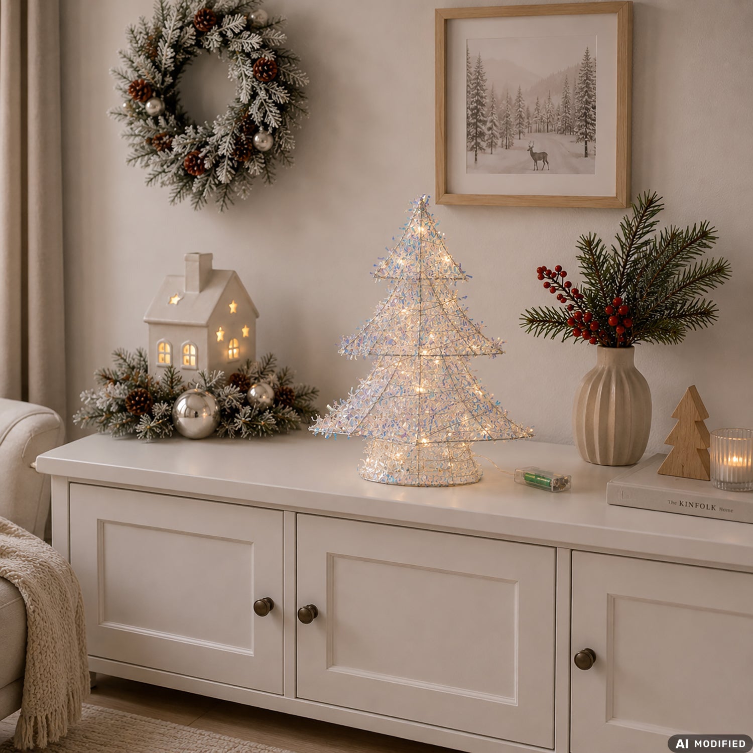 DICTROLUX - Albero di Natale Luminoso Argento Iridescente 30 Micro LED Bianco Caldo a Batteria h40 cm