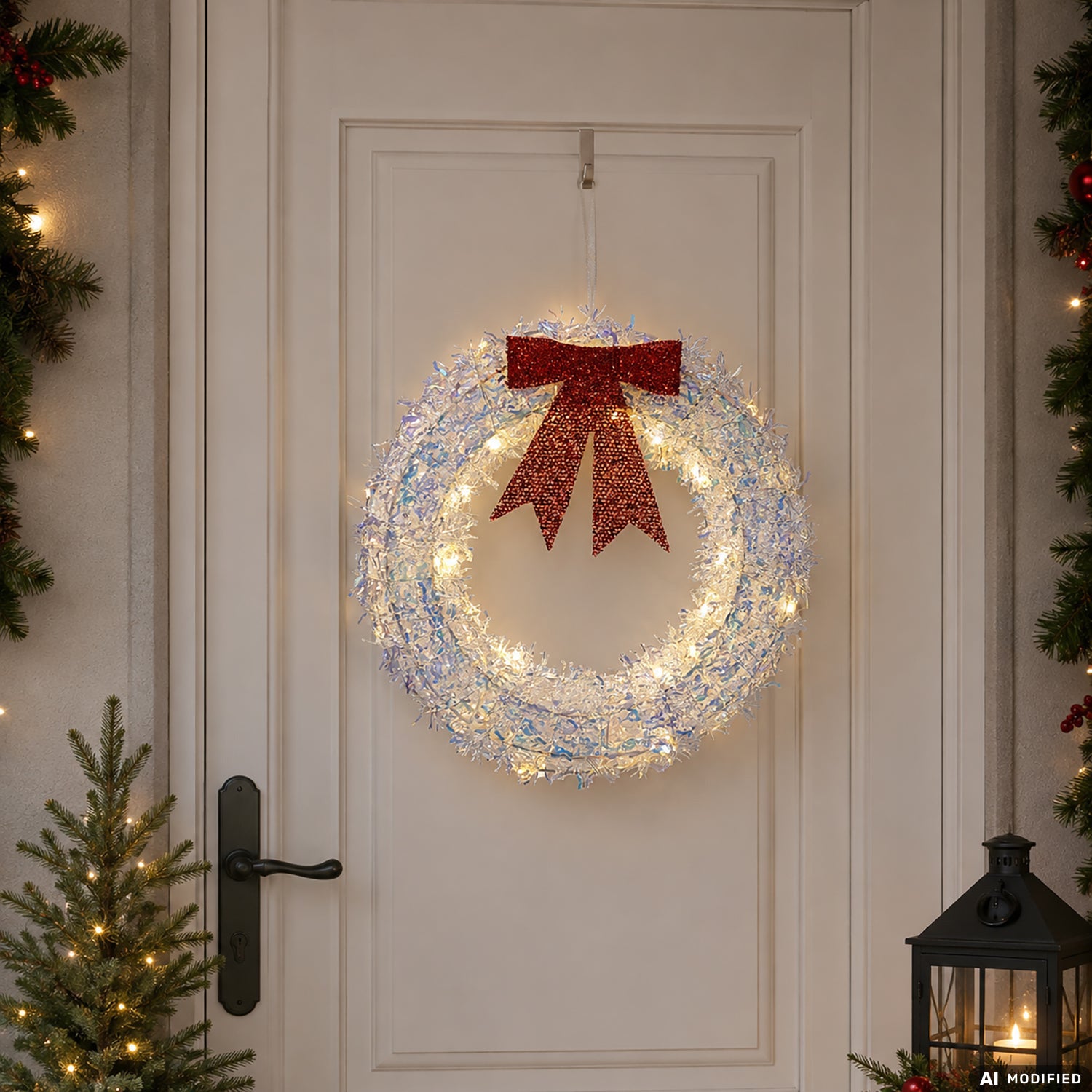 DICTROLUX - Ghirlanda Natalizia Luminosa Argento Iridescente con Fiocco Rosso 30 Micro LED Bianco Caldo a Batteria diametro 30 cm
