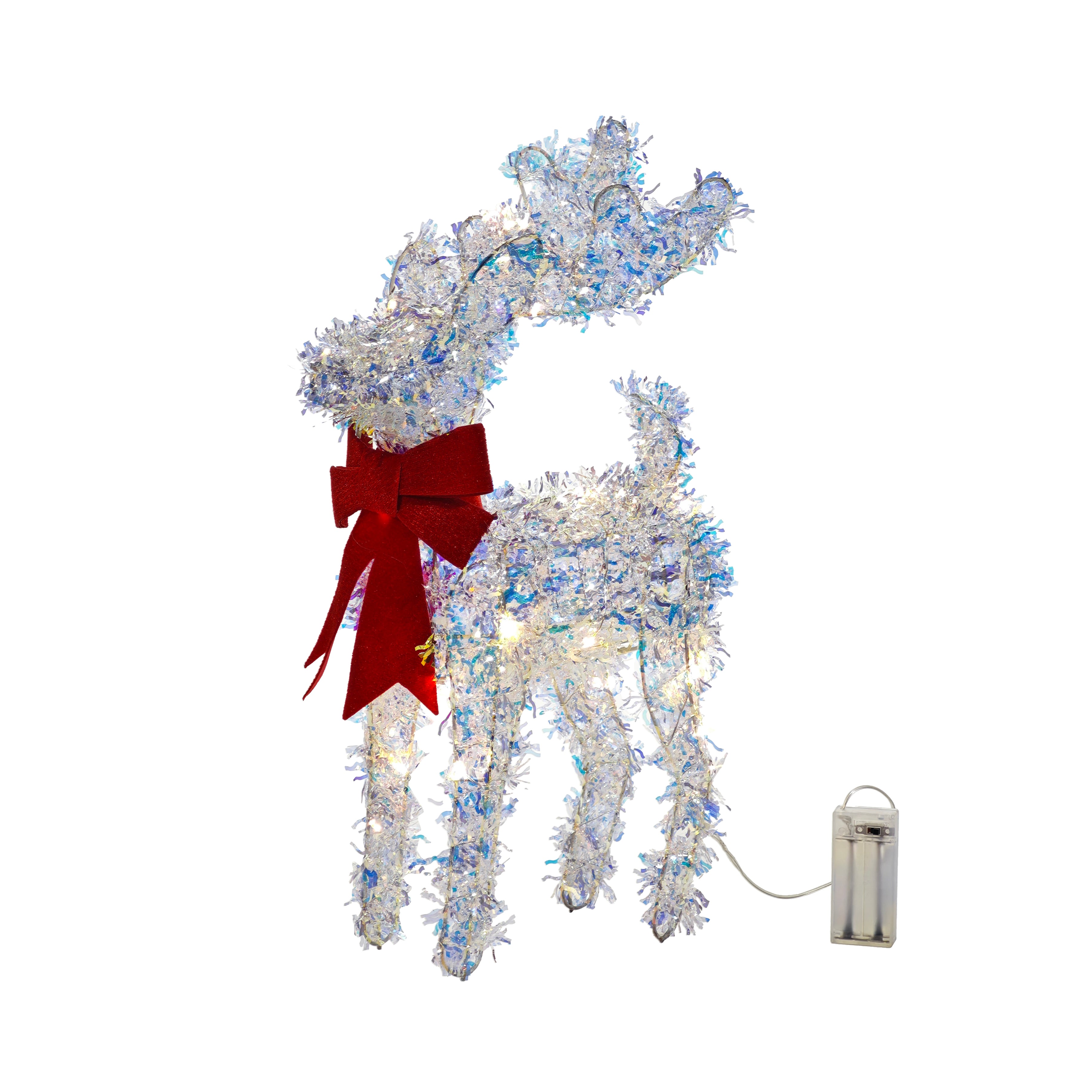 DICTROLUX - Renna Natalizia Luminosa Argento Iridescente con Fiocco Rosso 25 Micro LED Bianco Caldo a Batteria h45 cm