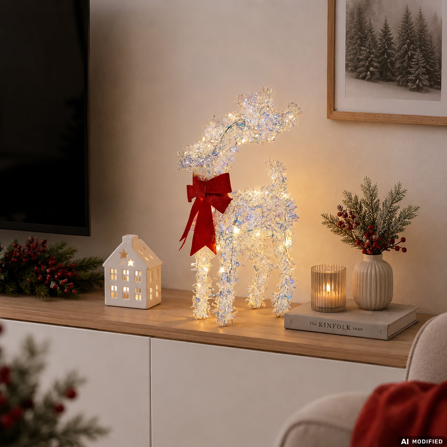 DICTROLUX - Renna Natalizia Luminosa Argento Iridescente con Fiocco Rosso 25 Micro LED Bianco Caldo a Batteria h45 cm