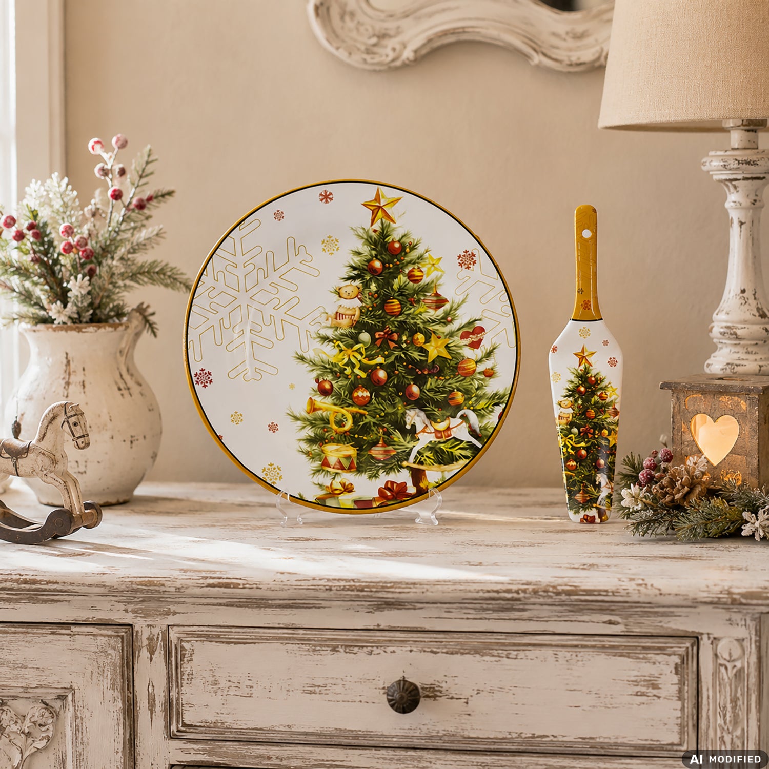 VESTIAMO CASA GRAN NATALE - Piatto Natalizio in Ceramica Decorativa con Paletta Coordinata diametro 27 cm