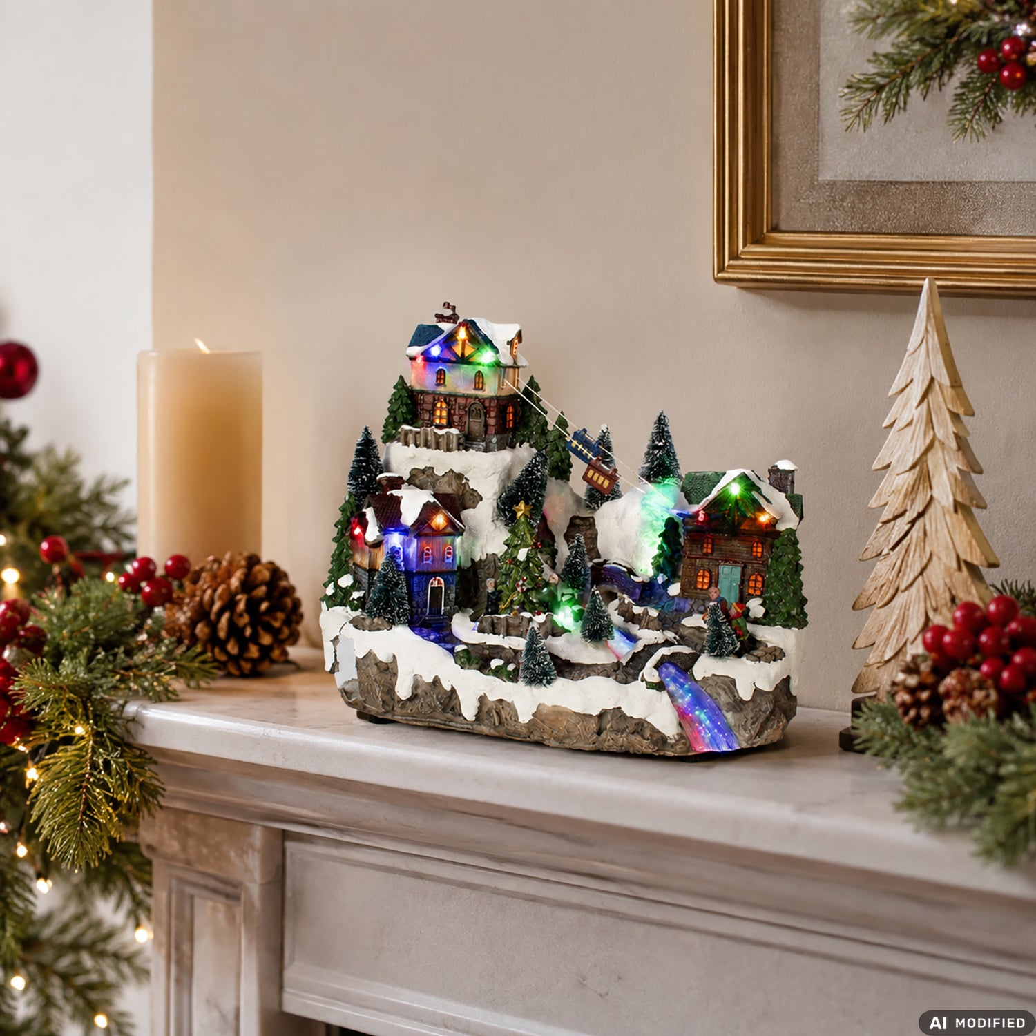 VESTIAMO CASA GRAN NATALE - Villaggio Natalizio Luminoso con Movimento, Musica, Fibra Ottica e 19 LED Multicolor h28 cm