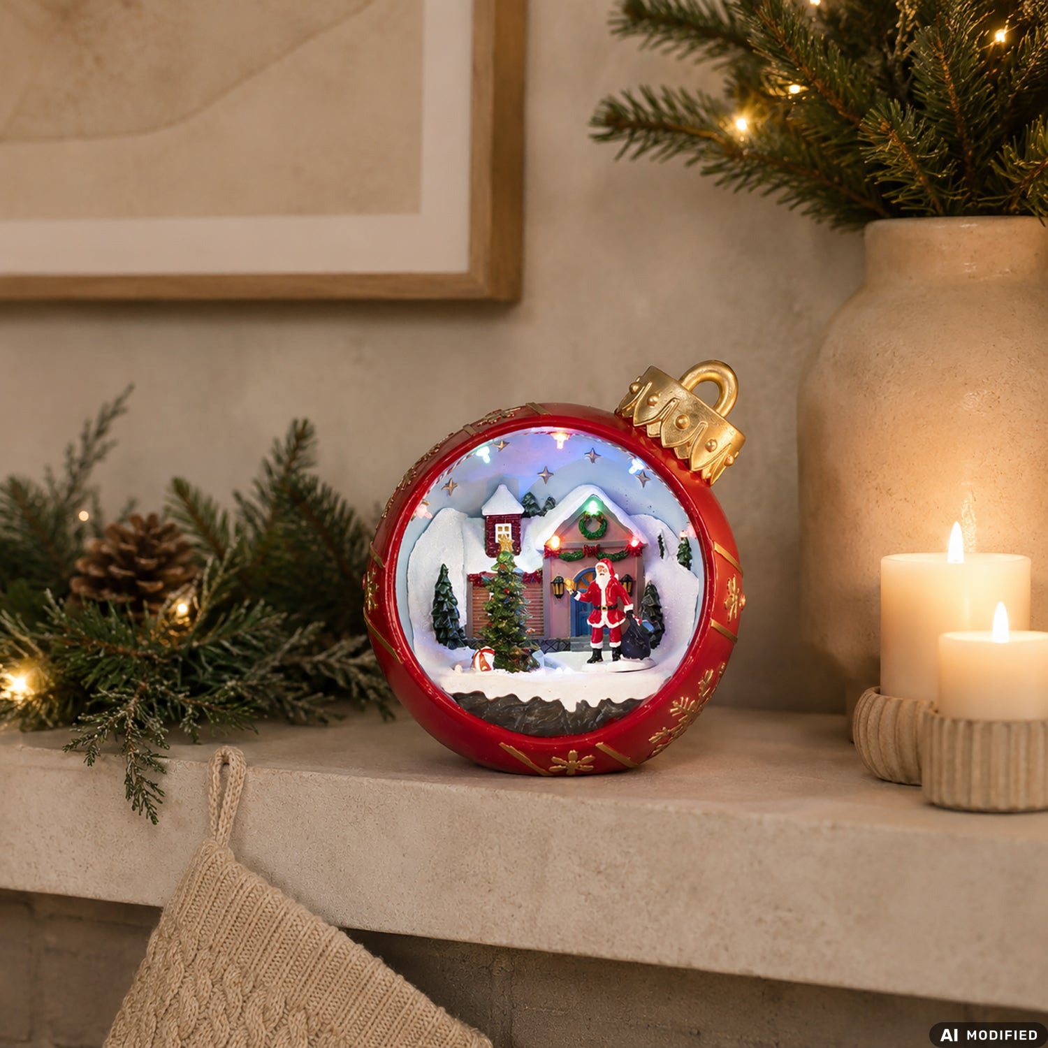 VESTIAMO CASA GRAN NATALE - Palla Natalizia LED con Villaggio e Babbo Natale, Movimento, Musica e Luci LED Multicolor a Batterie h20 cm