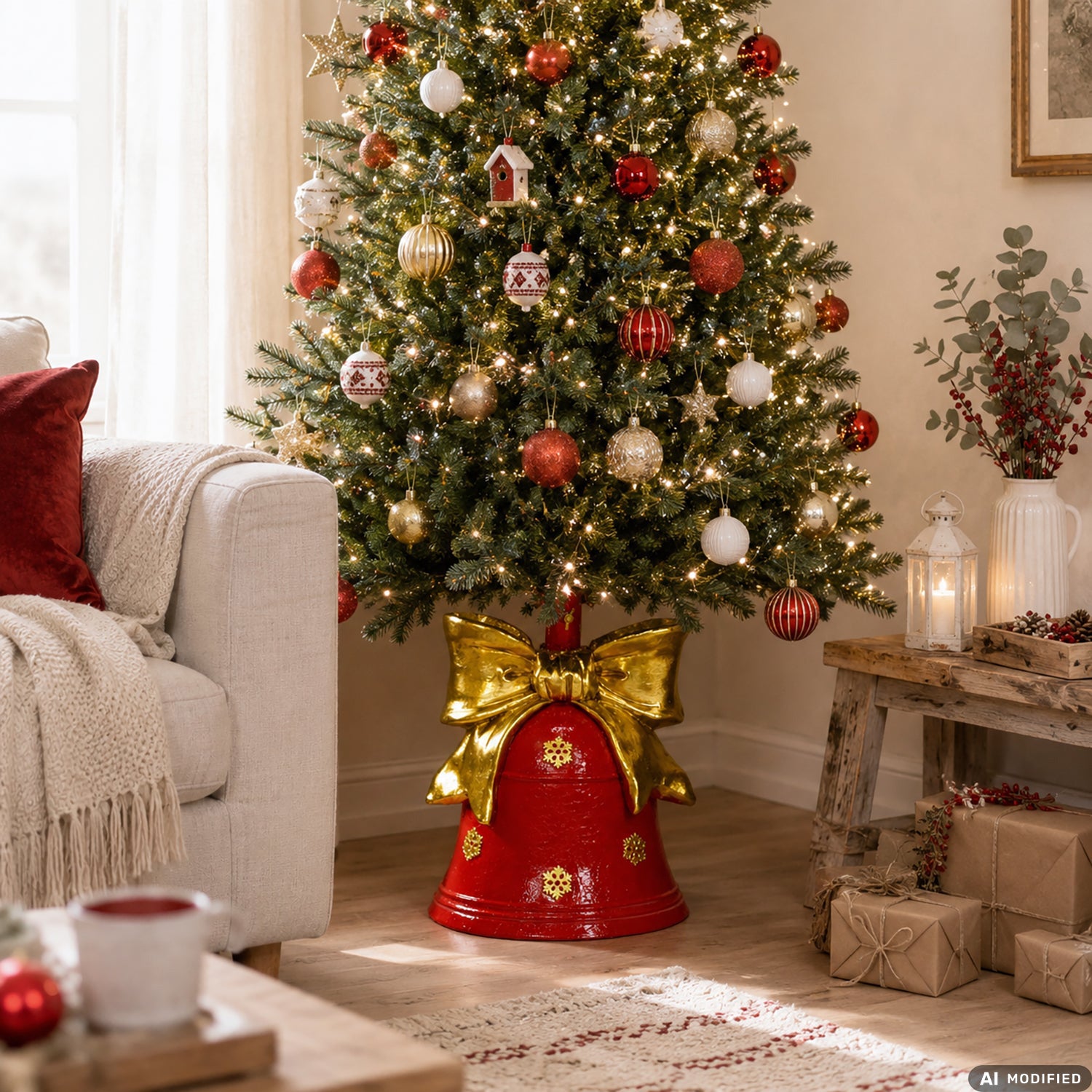 VESTIAMO CASA GRAN NATALE - Base Albero di Natale Campana con Fiocco Oro e Rosso h38 cm