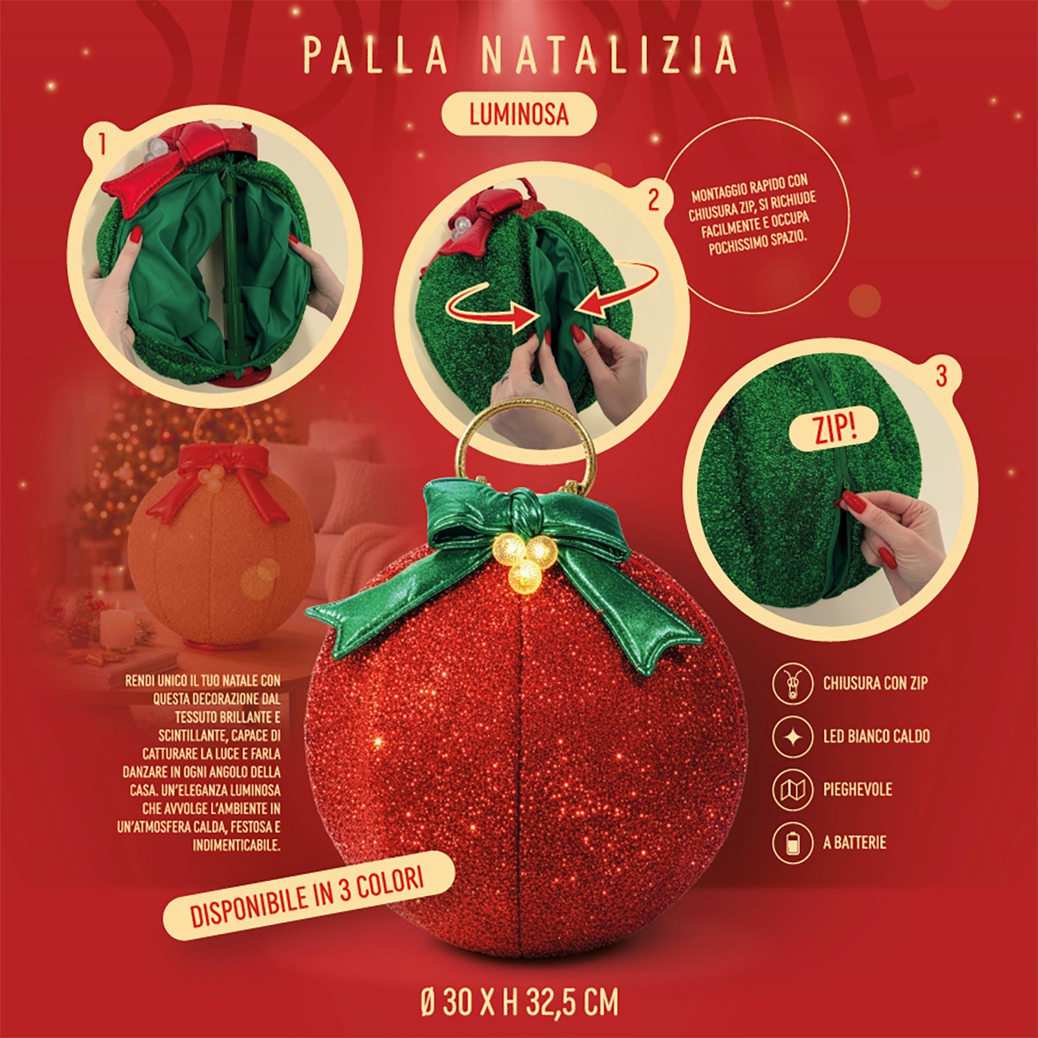 VESTIAMO CASA GRAN NATALE - Palla Natalizia Luminosa Glitterata Pieghevole diametro 30 cm