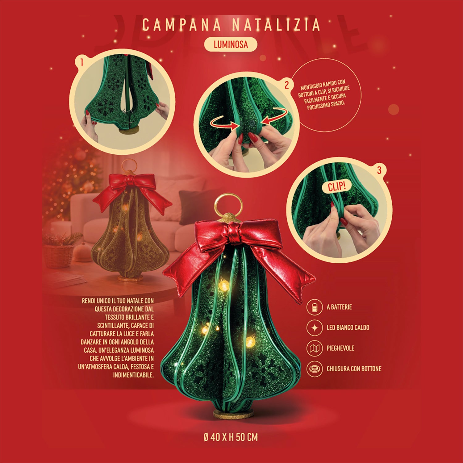 VESTIAMO CASA GRAN NATALE - Campana Natalizia Luminosa Glitterata Pieghevole h50 cm