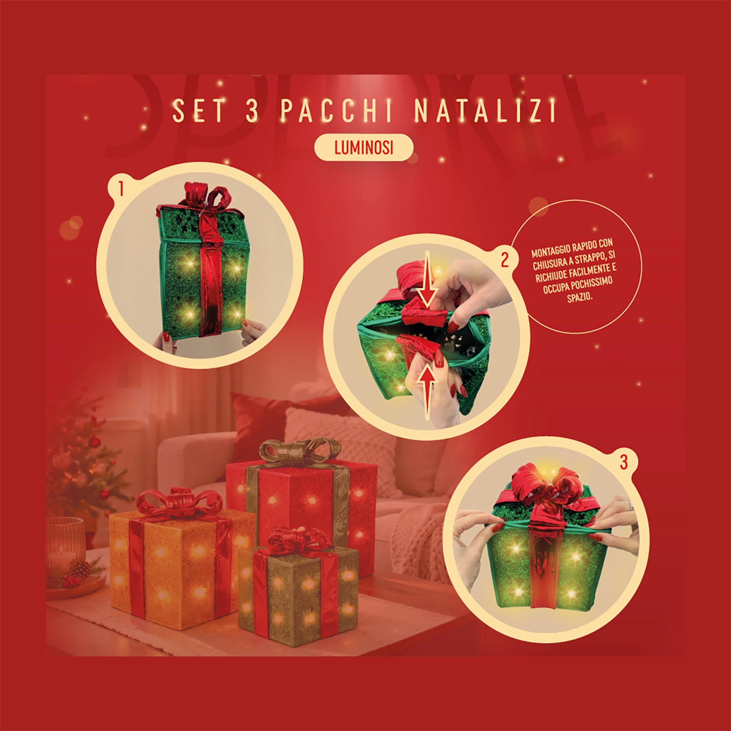 VESTIAMO CASA GRAN NATALE - Set 3 Pacchi Natalizi Luminosi Glitterati Pieghevoli