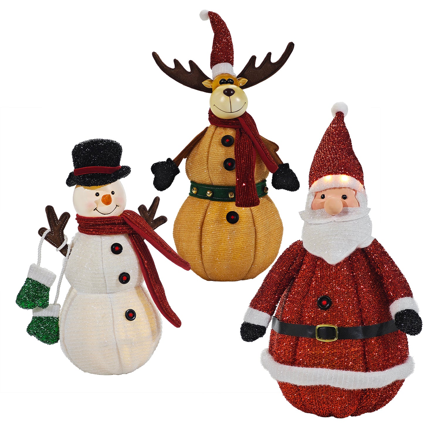 VESTIAMO CASA GRAN NATALE - Personaggio Natalizio Luminoso Glitterato Pieghevole Assortito h30 cm - Babbo Natale, Pupazzo di Neve e Renna