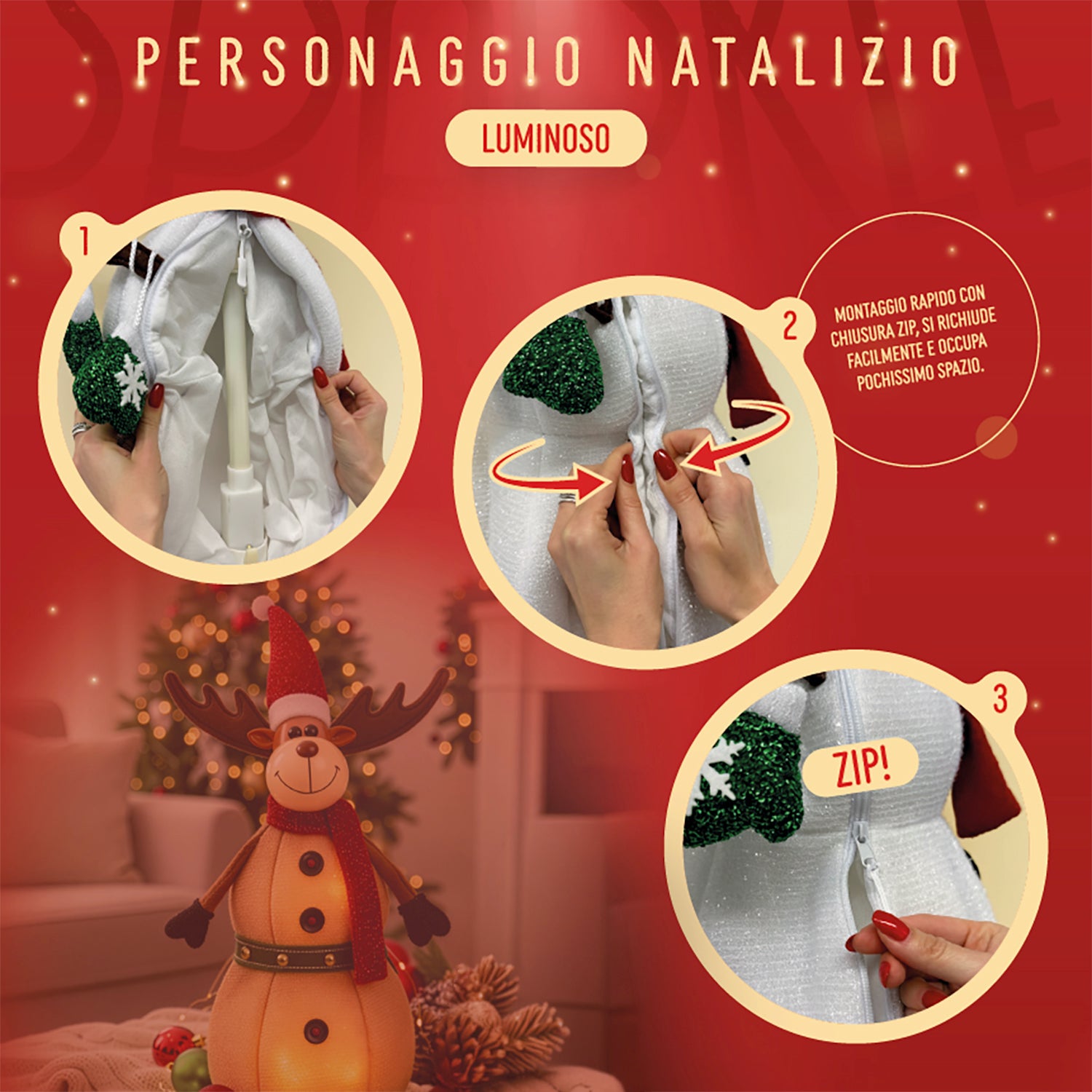 VESTIAMO CASA GRAN NATALE - Personaggio Natalizio Luminoso Glitterato Pieghevole Assortito h50 cm - Babbo Natale, Pupazzo di Neve e Renna