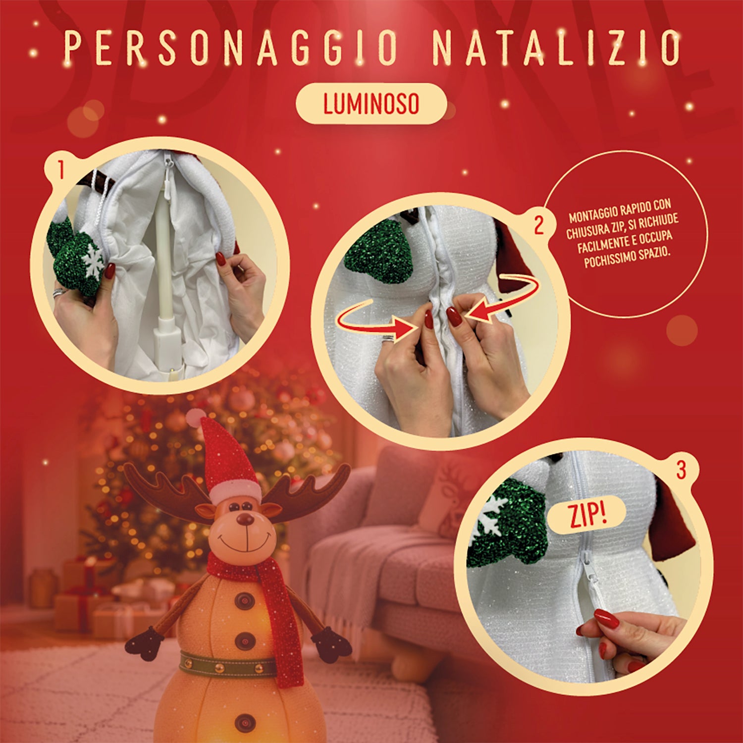 VESTIAMO CASA GRAN NATALE - Personaggio Natalizio Luminoso Glitterato Pieghevole Assortito h95 cm - Babbo Natale, Pupazzo di Neve e Renna