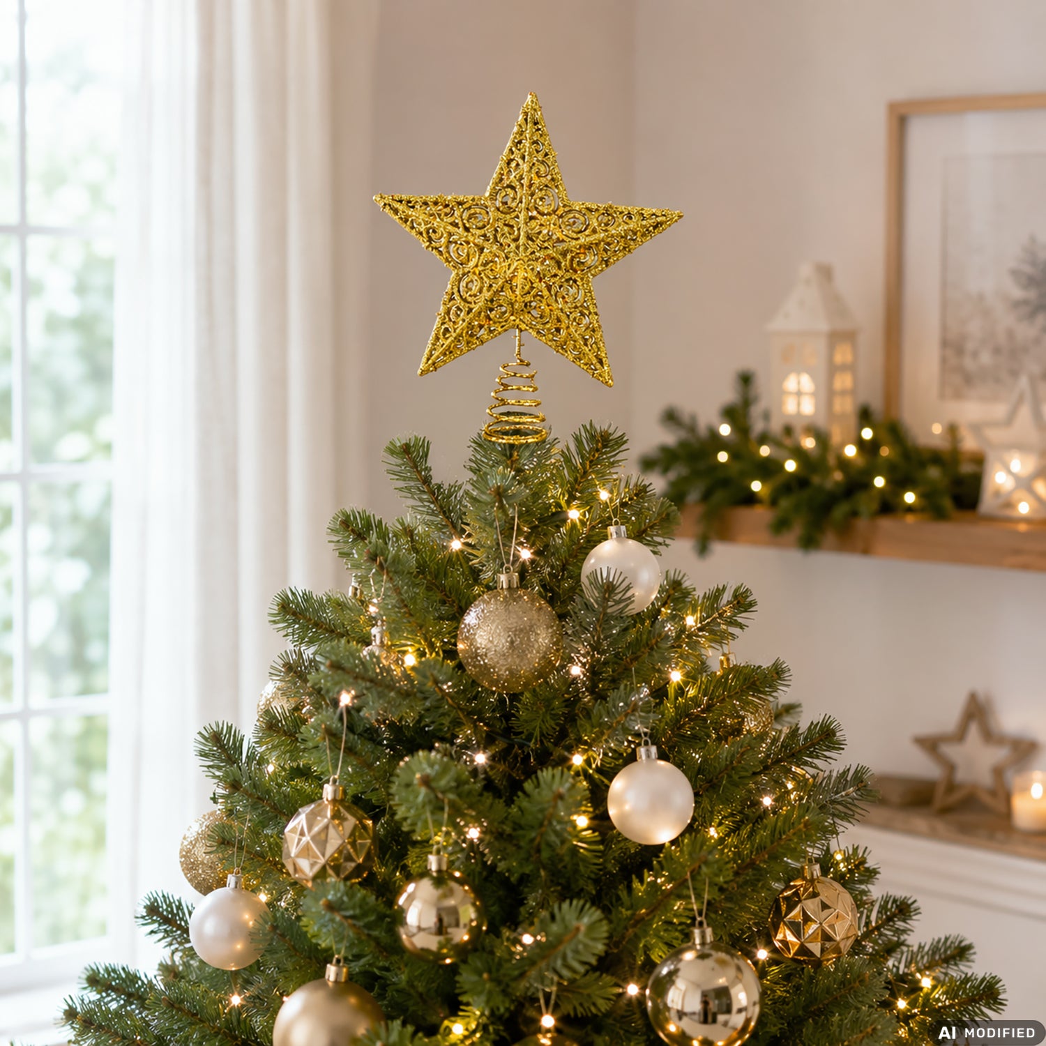 VESTIAMO CASA GRAN NATALE - Puntale Stella per Albero di Natale Oro Glitter h27 cm