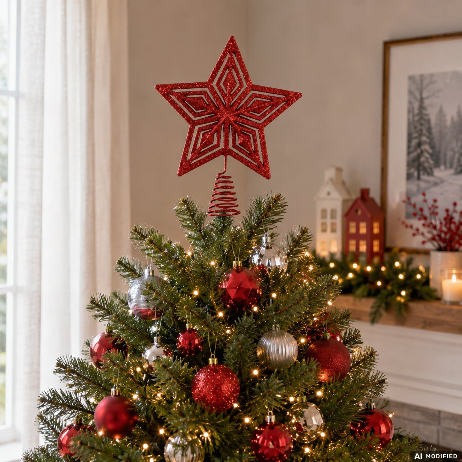 VESTIAMO CASA GRAN NATALE - Puntale Stella per Albero di Natale Rosso Glitter h27 cm